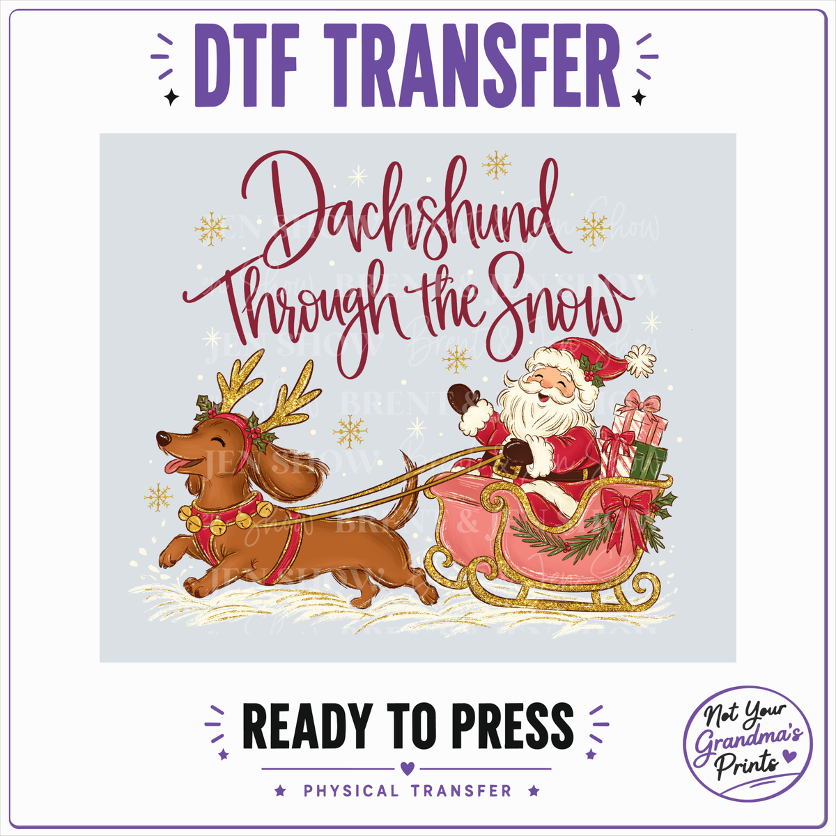 Dachshund Christmas DTF Transfer: Glitter Reindeer Antlers, Santa Sleigh (Ready-to-Press)
