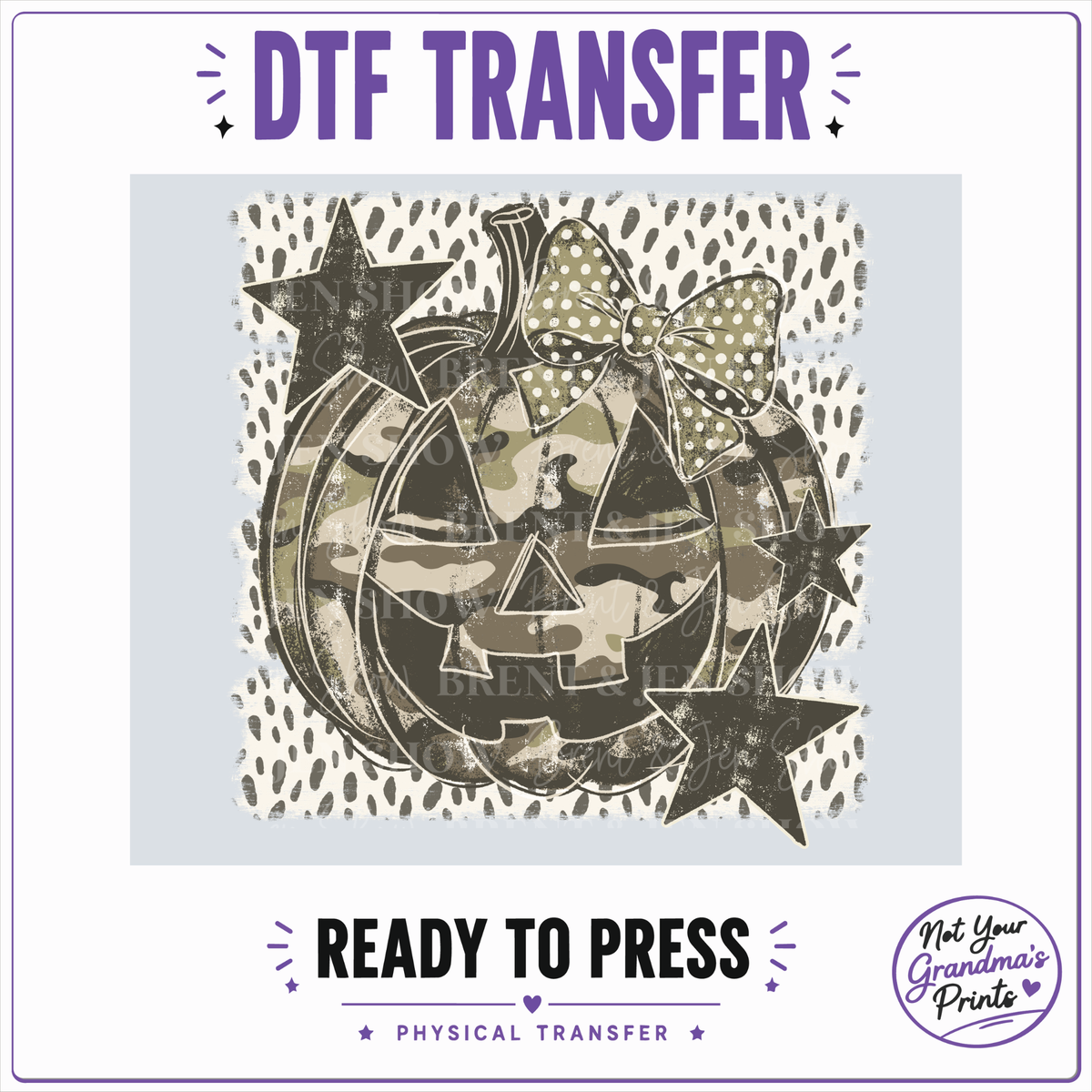 Camo Jack-O'-Lantern DTF Transfer: Spooky Bow, Stars, Polka Dots (Ready-to-Press)