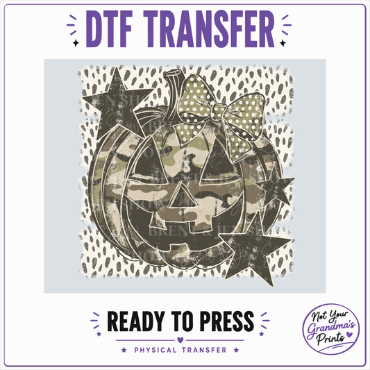 Camo Jack-O'-Lantern DTF Transfer: Spooky Bow, Stars, Polka Dots (Ready-to-Press)