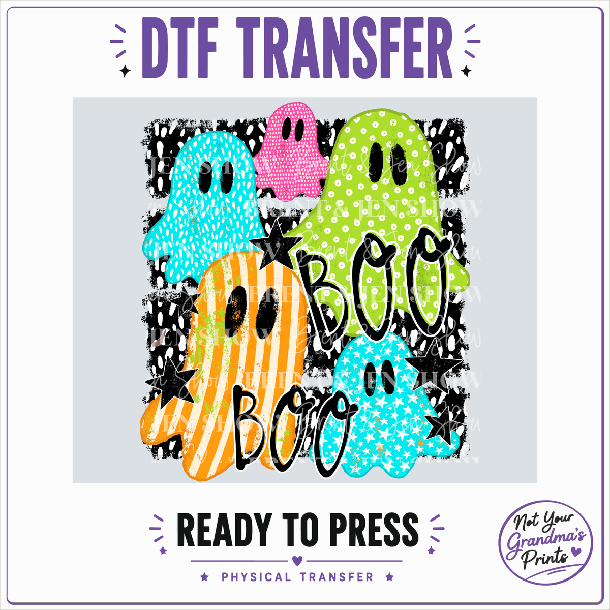 Colorful Boo Ghosts DTF Transfer: Spooky Halloween Print (Ready-to-Press)