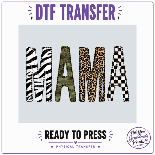 Mama Mixed Print DTF Transfer: Zebra, Camo, Leopard, Checkerboard (Ready-to-Press)