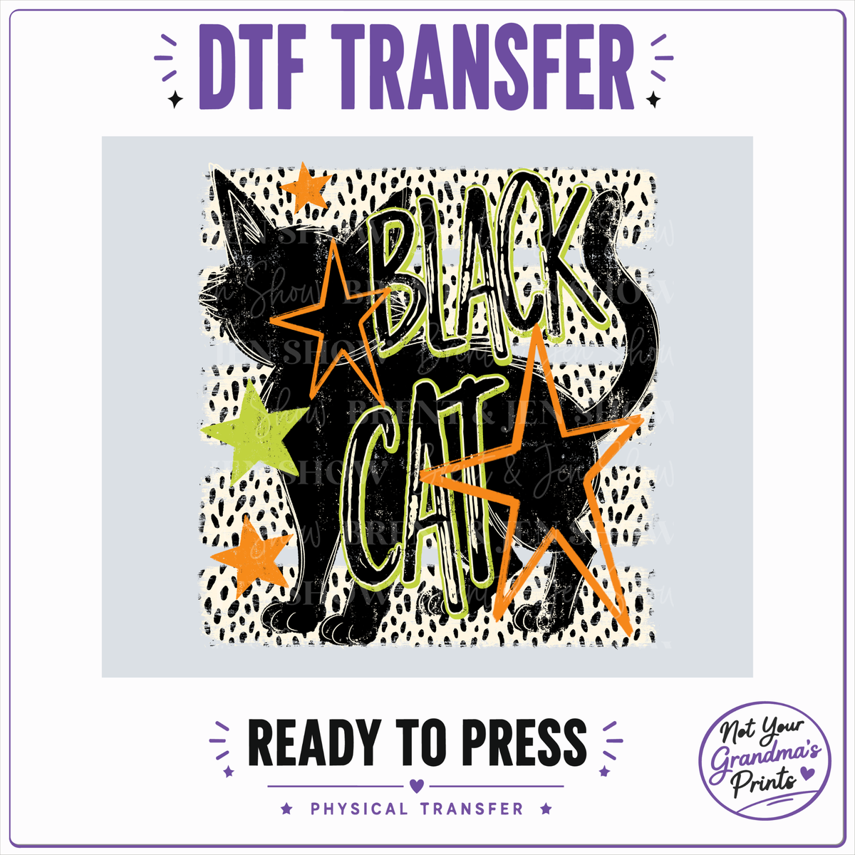 Retro Black Cat DTF Transfer: Distressed Silhouette, Neon Stars (Ready-to-Press)