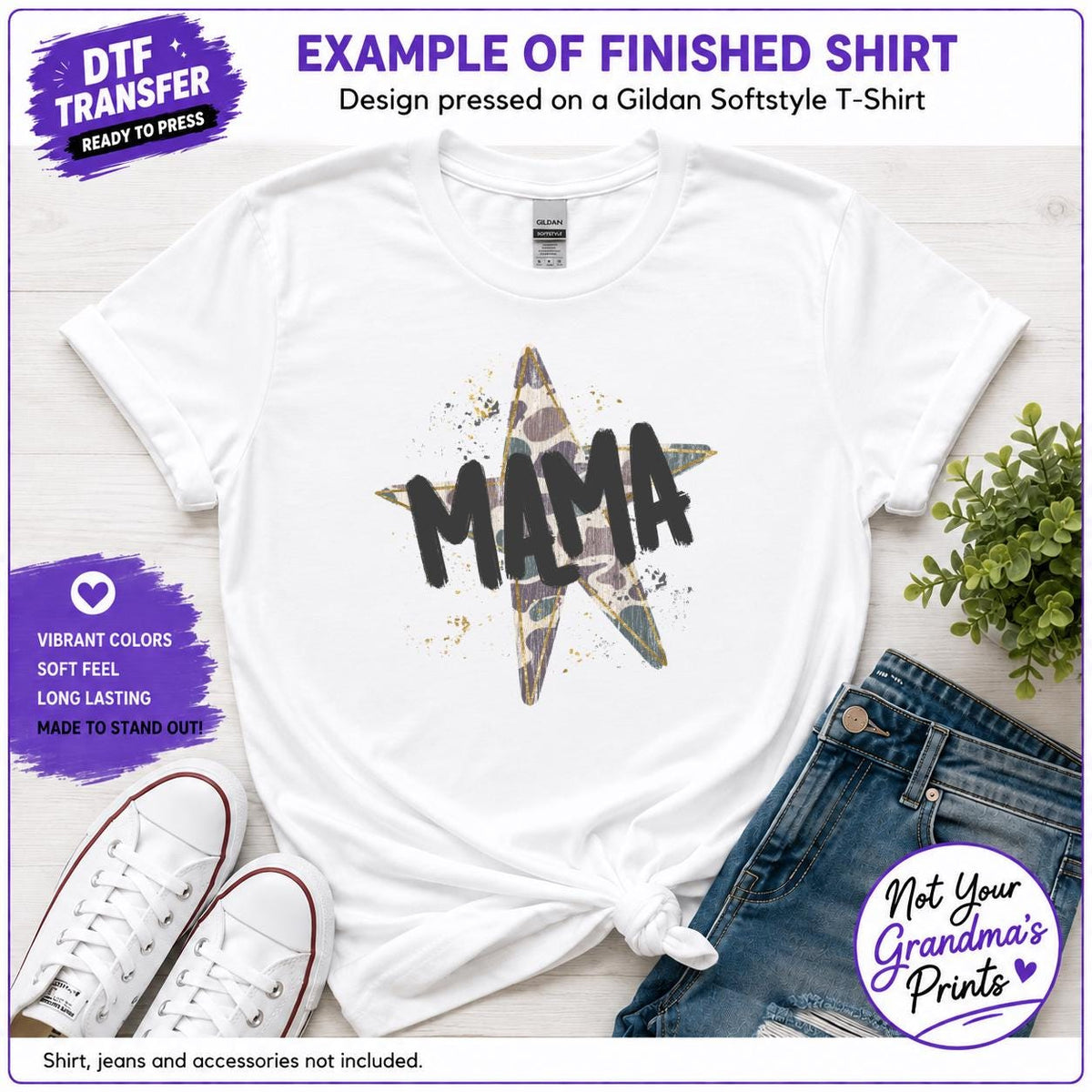 Mama Star DTF Transfer: Camo Splatter Design (Ready-to-Press)