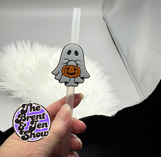 Spooky Ghost Straw Topper with Pumpkin