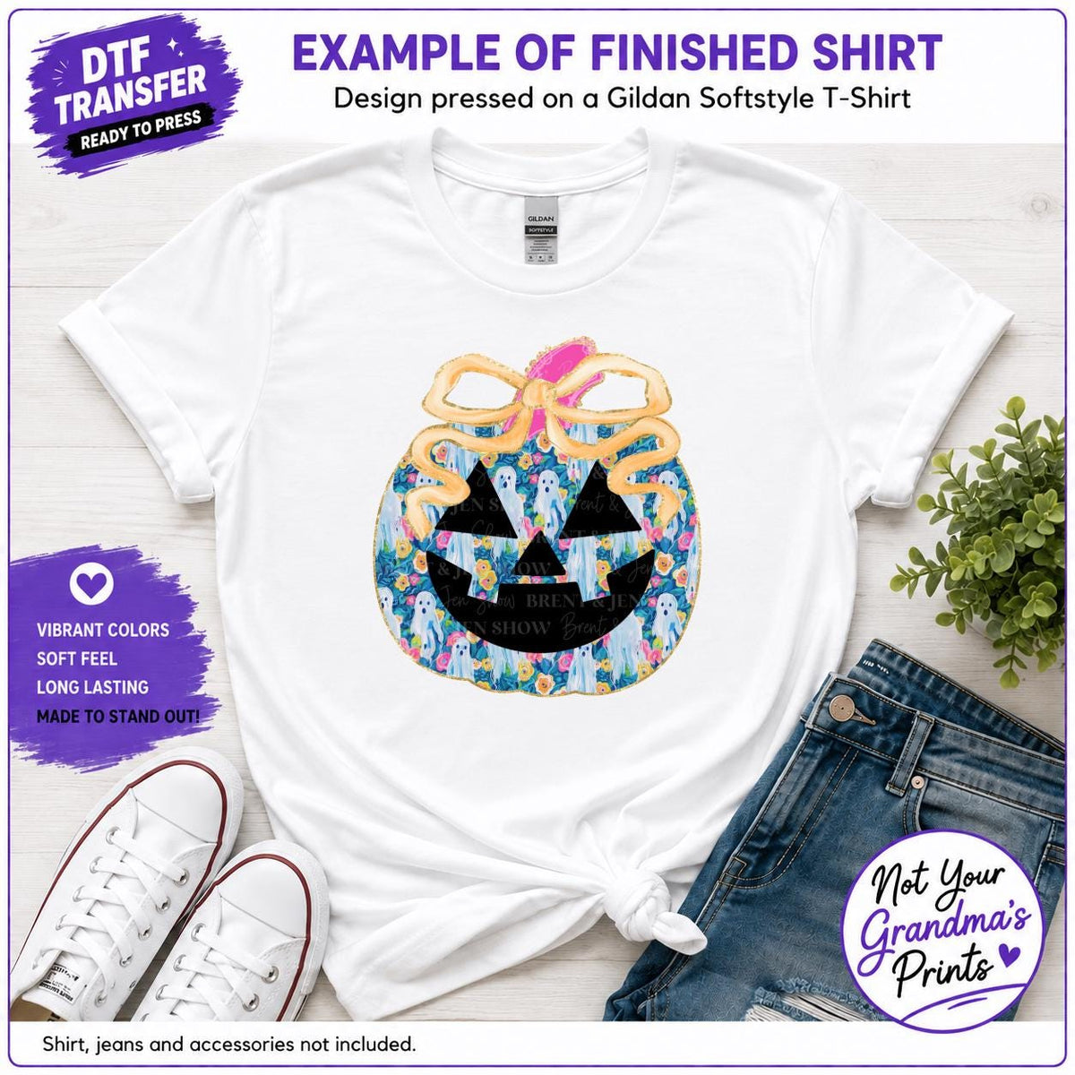 Floral Ghost Pumpkin DTF Transfer (Ready-to-Press)
