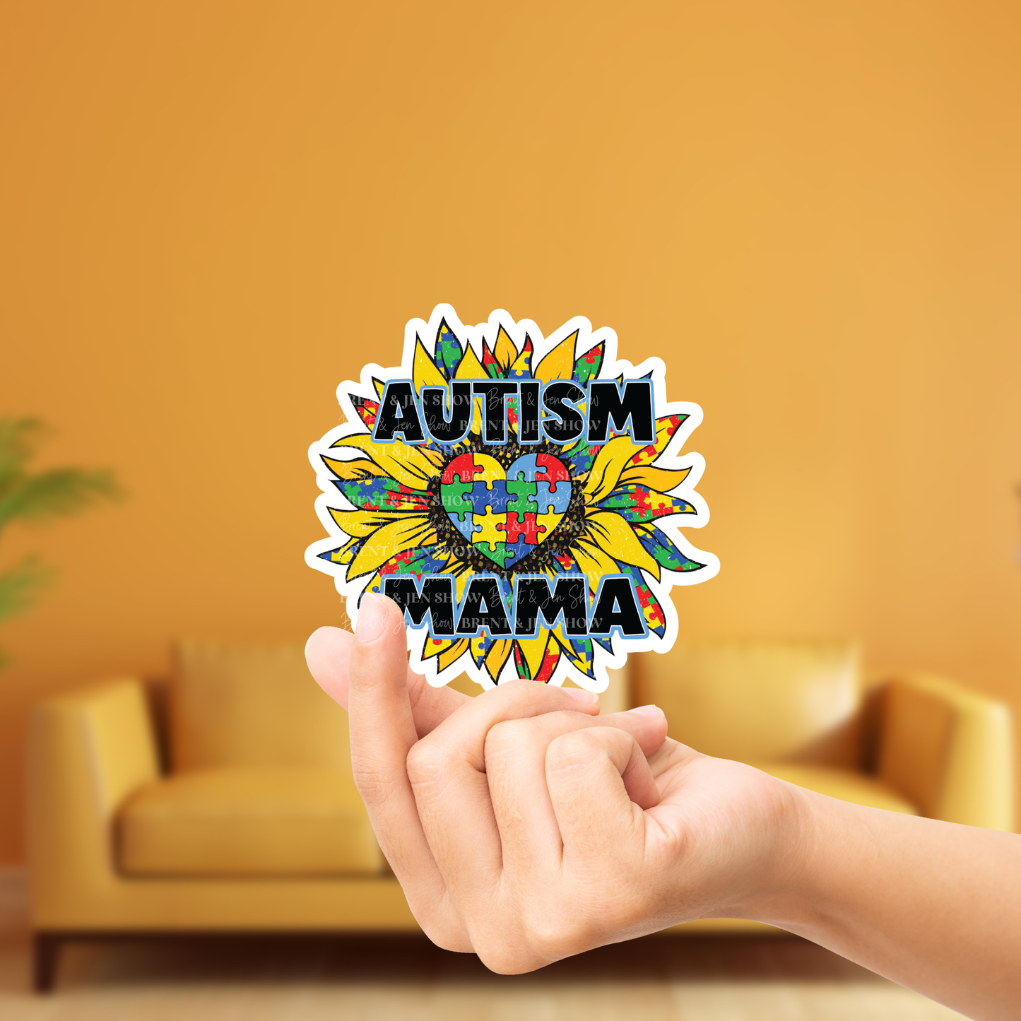 Autism Mama, Colorful Puzzle Piece Sunflower Sticker or Car Decal