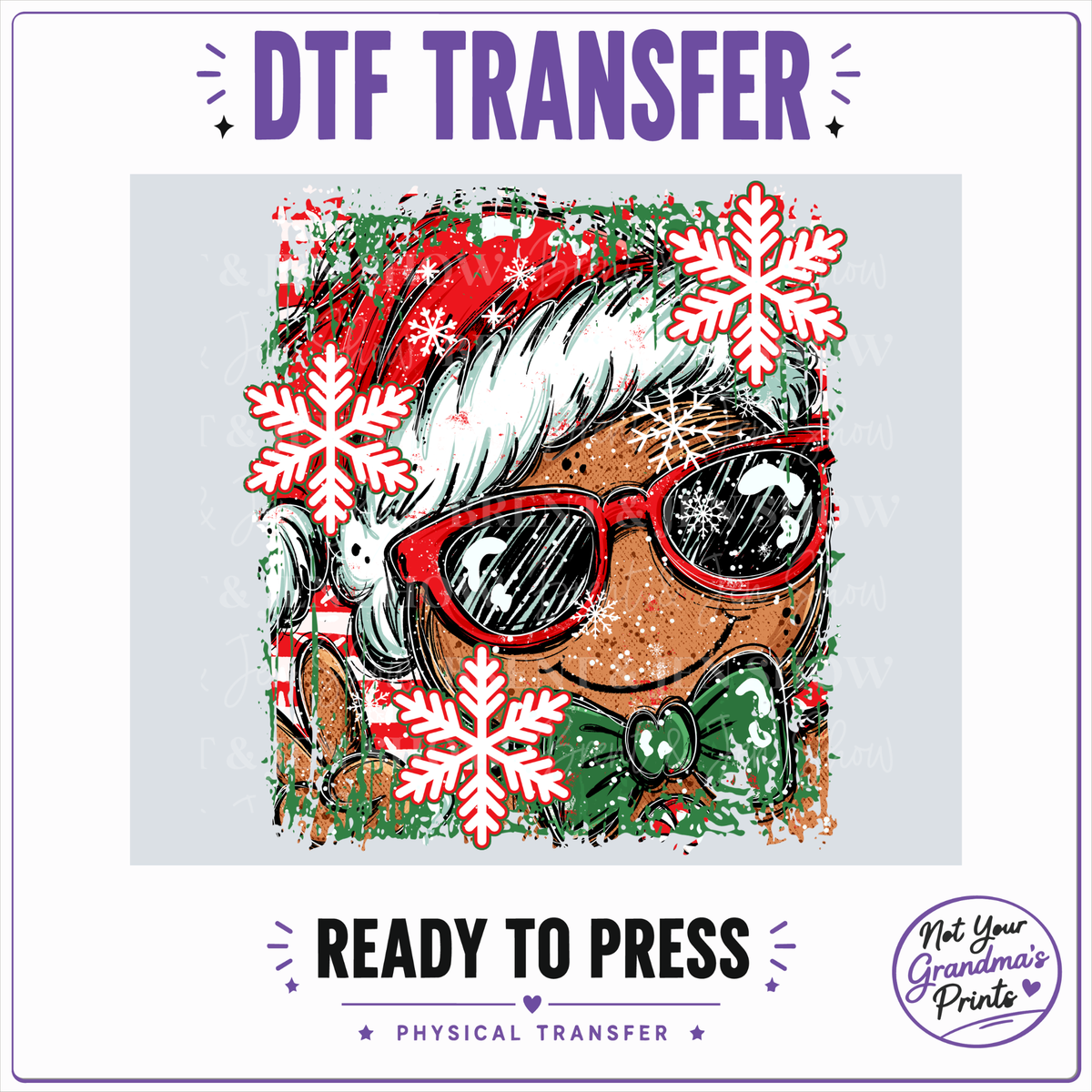 Christmas Gingerbread DTF Transfer: Santa Hat, Sunglasses, Snowflakes (Ready-to-Press)