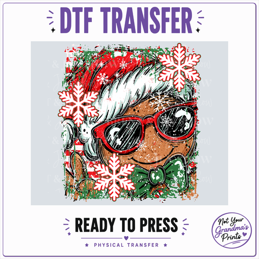 Christmas Gingerbread DTF Transfer: Santa Hat, Sunglasses, Snowflakes (Ready-to-Press)