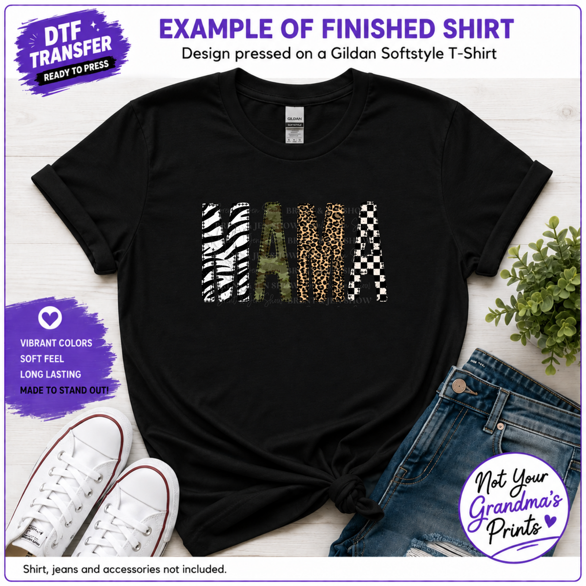 Mama Mixed Print DTF Transfer: Zebra, Camo, Leopard, Checkerboard (Ready-to-Press)
