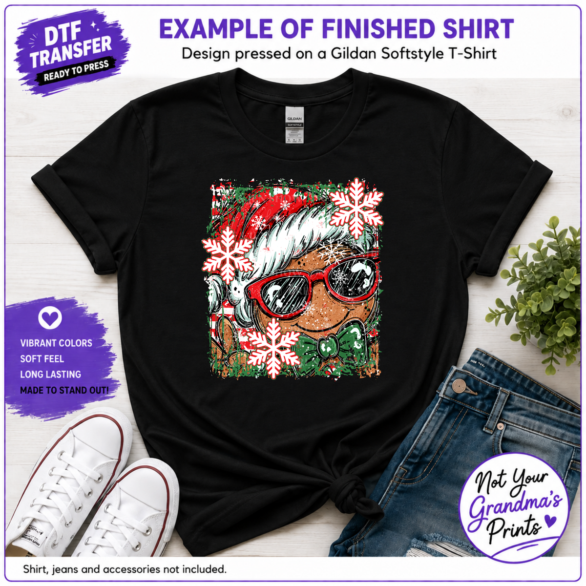 Winter Gingerbread Man DTF Transfer: Sunglasses, Santa Hat, Snowflakes (Ready-to-Press)