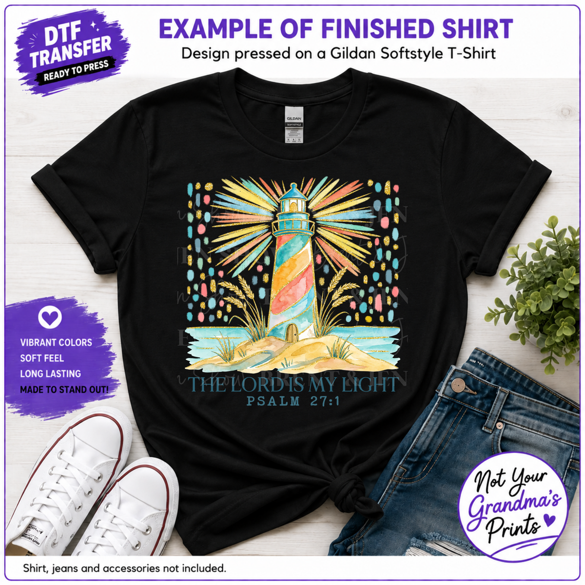 DTF or Sublimation Transfer – Lighthouse Psalm 27:1 Religious Art (Ready-to-Press)