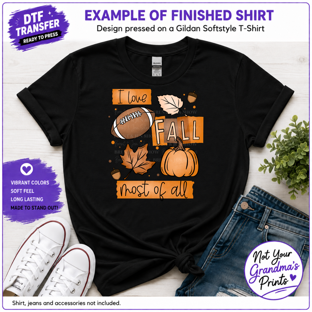 Fall Football DTF Transfer: Pumpkin, Leaves, Acorns (Ready-to-Press)