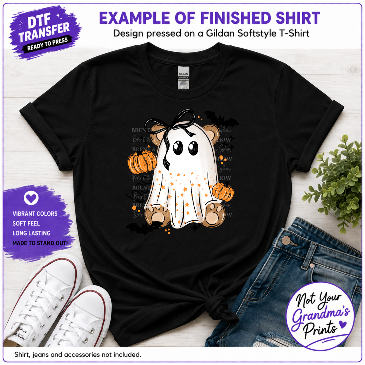Boo Bear DTF Transfer: Ghost Teddy, Pumpkins, Bats (Ready-to-Press)