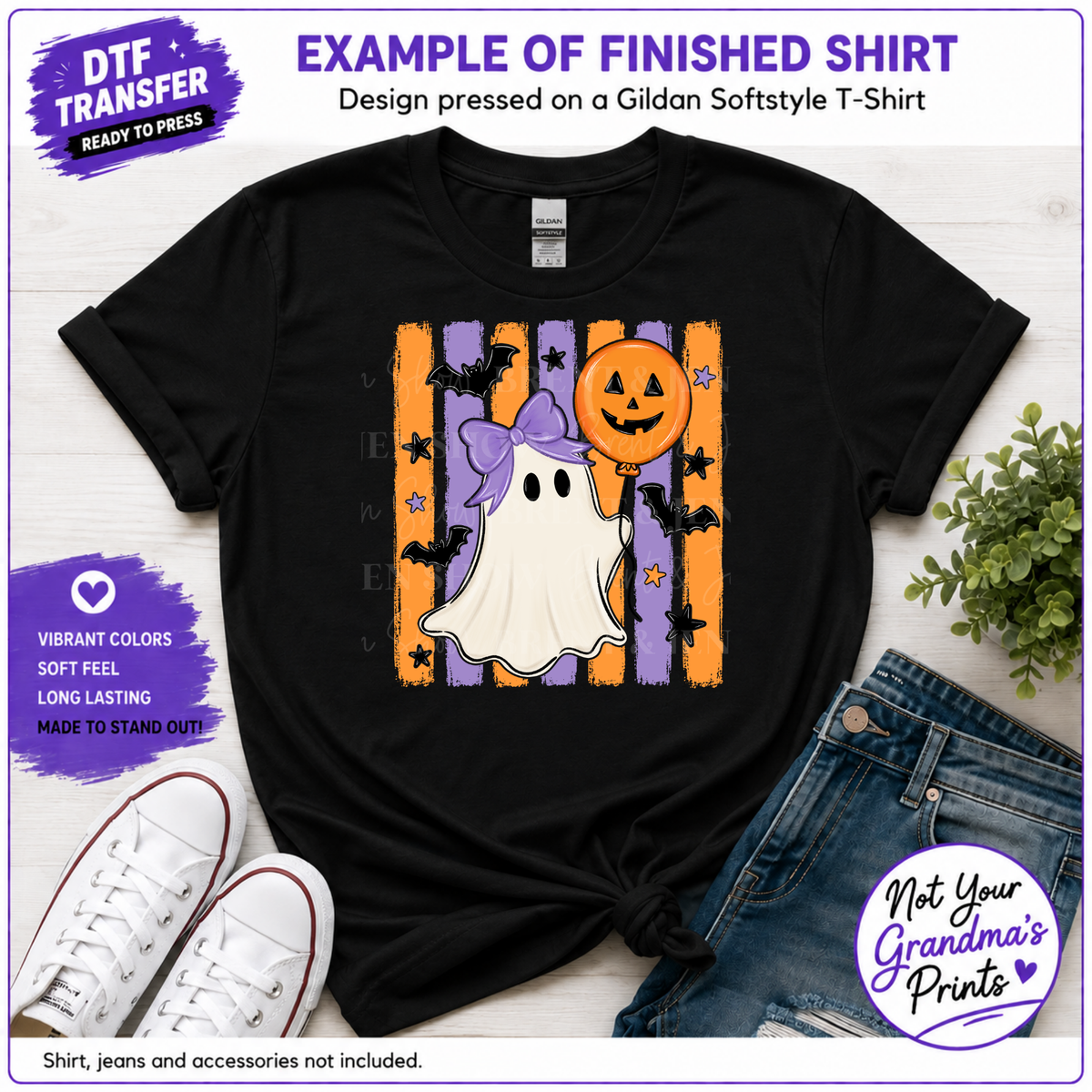 Striped Ghost With Balloon DTF Transfer, Ready to Press