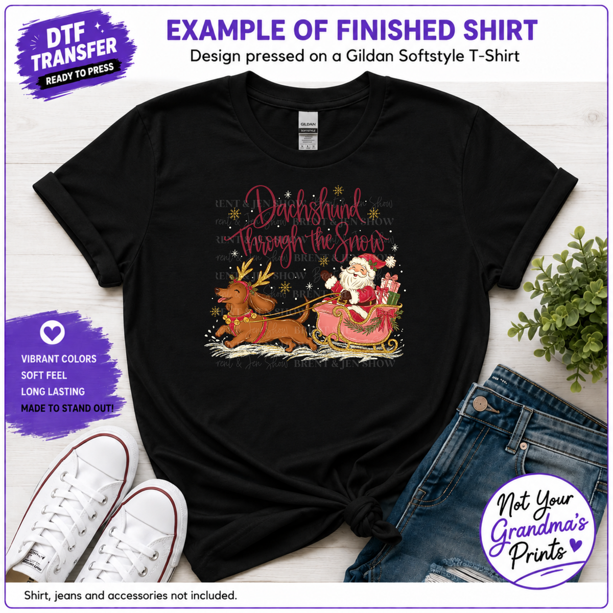 Dachshund Christmas DTF Transfer: Glitter Reindeer Antlers, Santa Sleigh (Ready-to-Press)