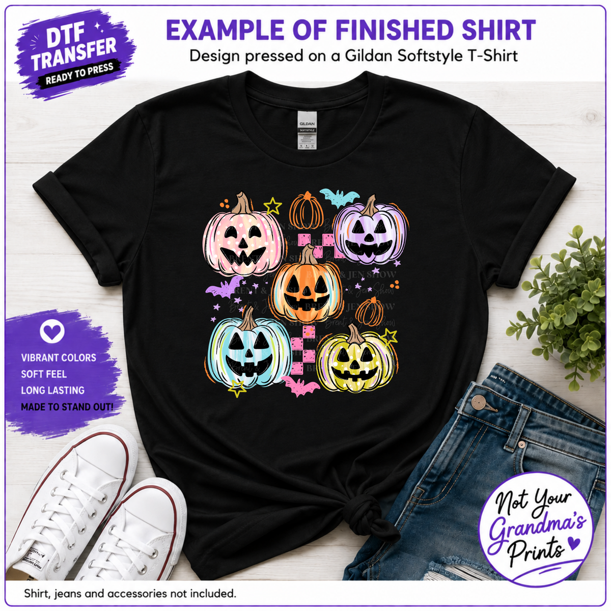 Colorful Jack-O'-Lanterns DTF Transfer: Retro Halloween Print (Ready-to-Press)