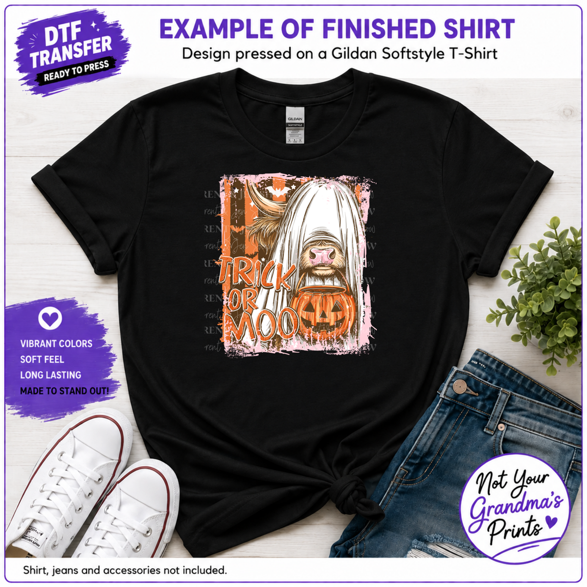 Trick or Moo Highland Cow DTF Transfer: Spooky Ghost Cow Halloween Print (Ready-to-Press)