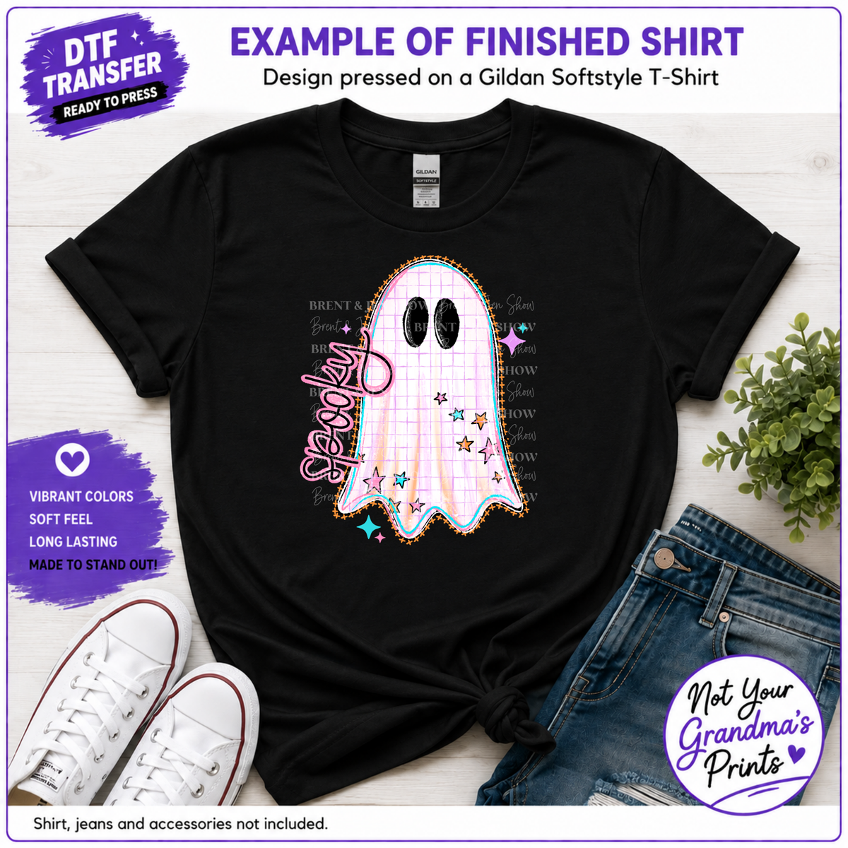 Spooky Ghost DTF Transfer: Grid Pattern, Stars, Ready-to-Press