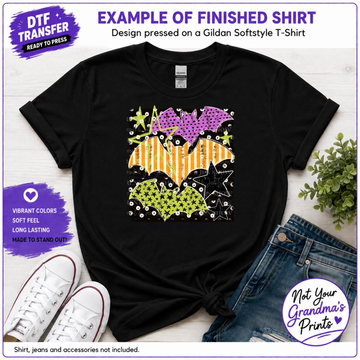 Retro Halloween Bats DTF Transfer: Striped, Polka Dot, Star Design (Ready-to-Press)