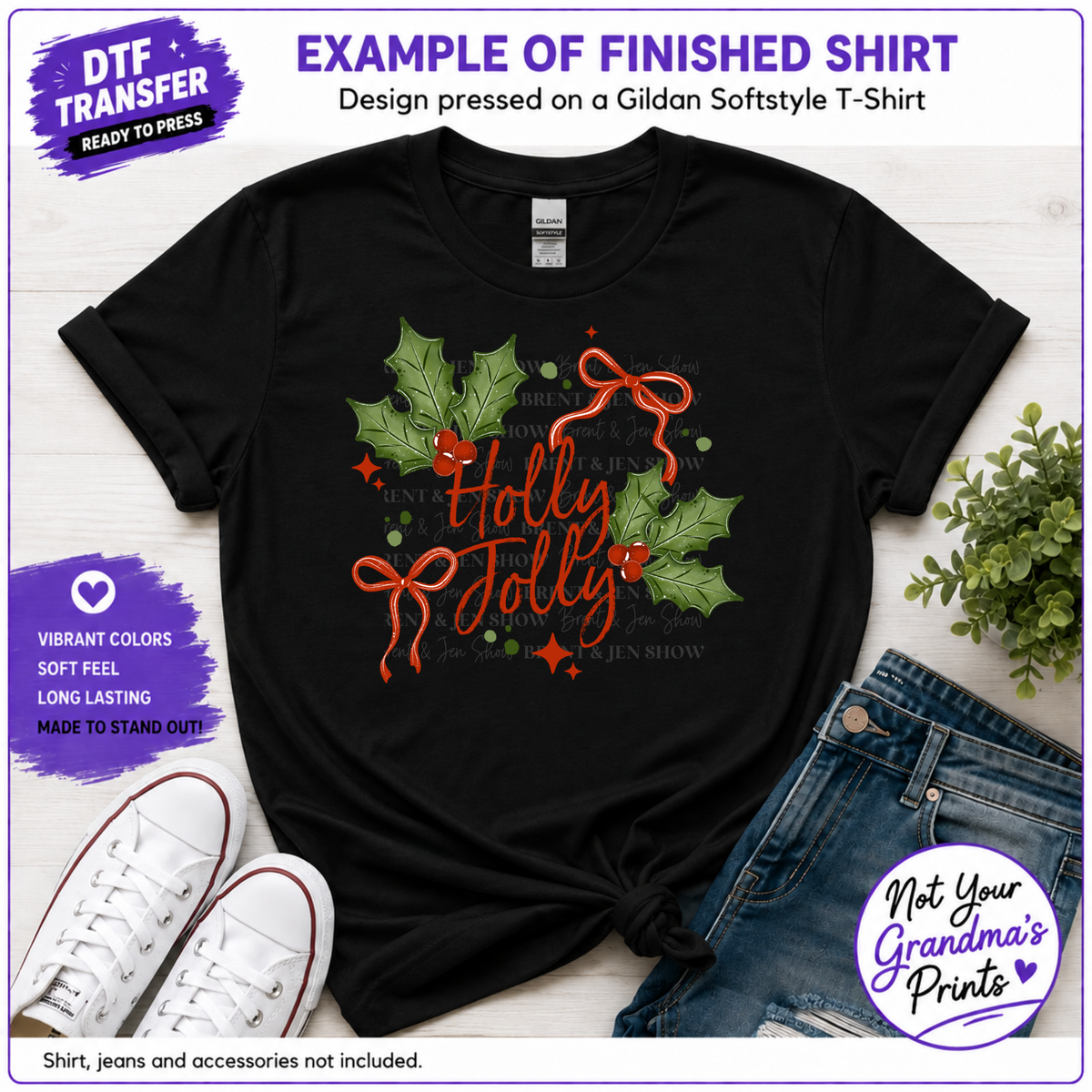 Holly Jolly DTF Transfer: Watercolor Holiday Script (Ready-to-Press)