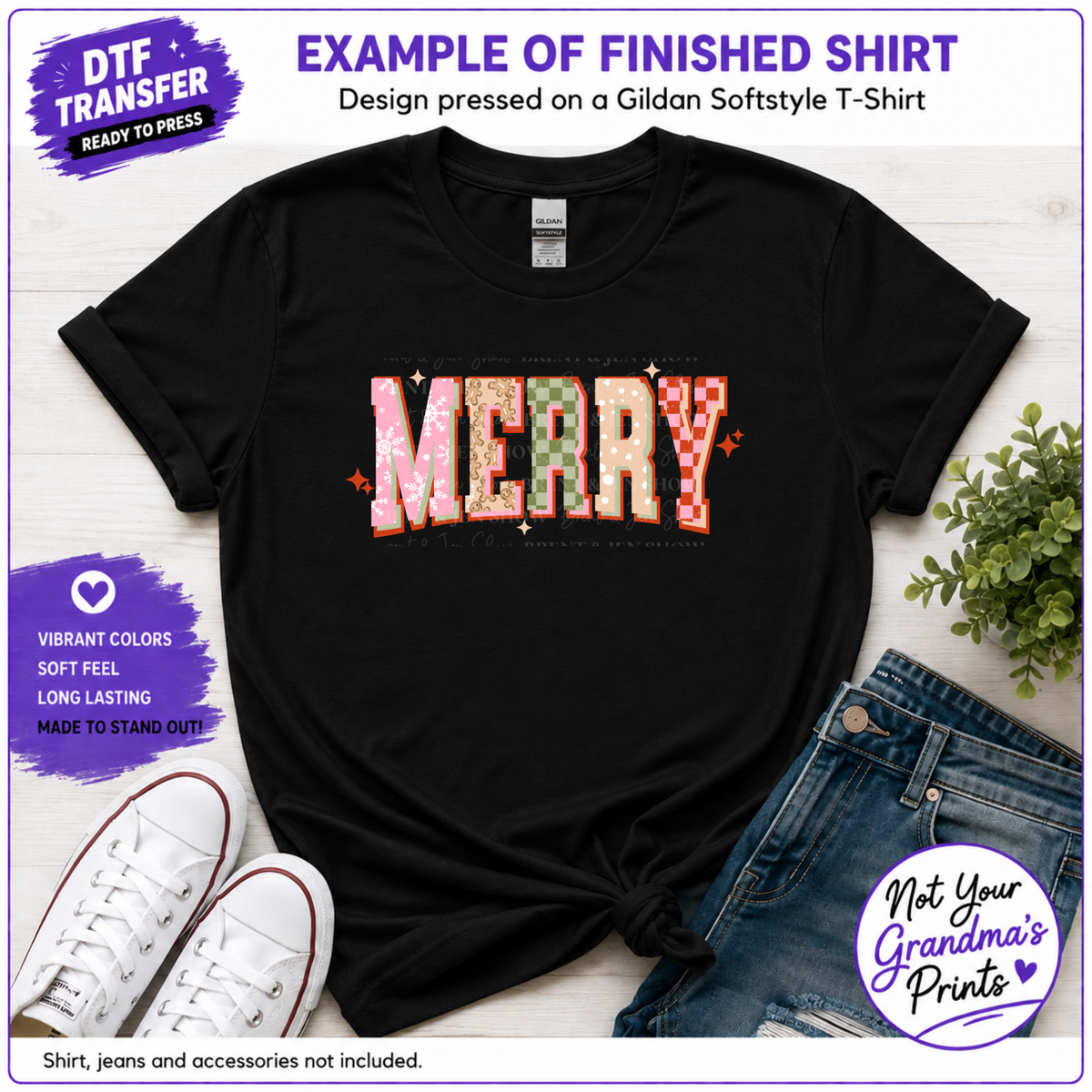 Merry DTF Transfer: Festive Patchwork Design (Ready-to-Press)