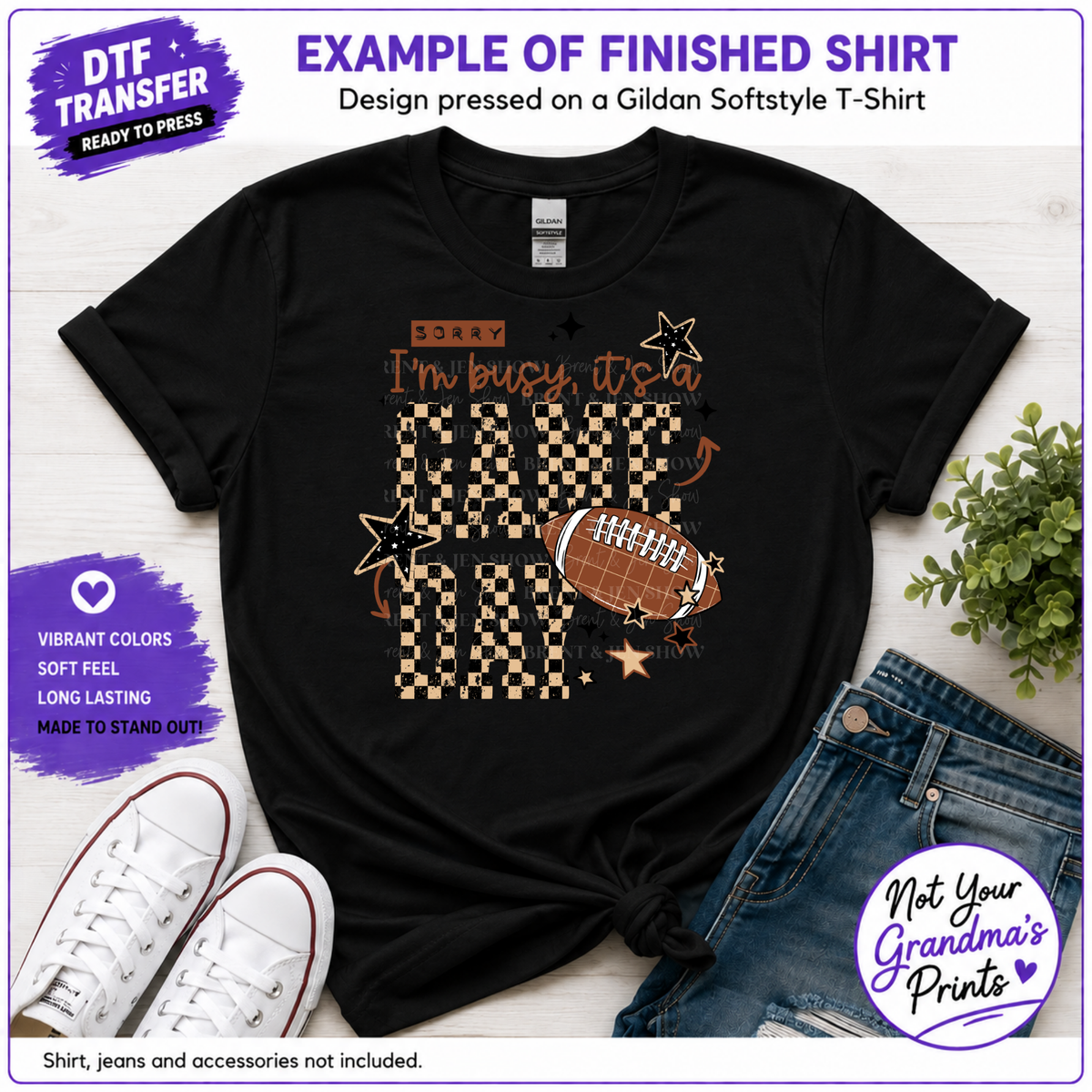 DTF Transfer: Sorry I'm Busy, It's Game Day (Football, Stars, Checkerboard)