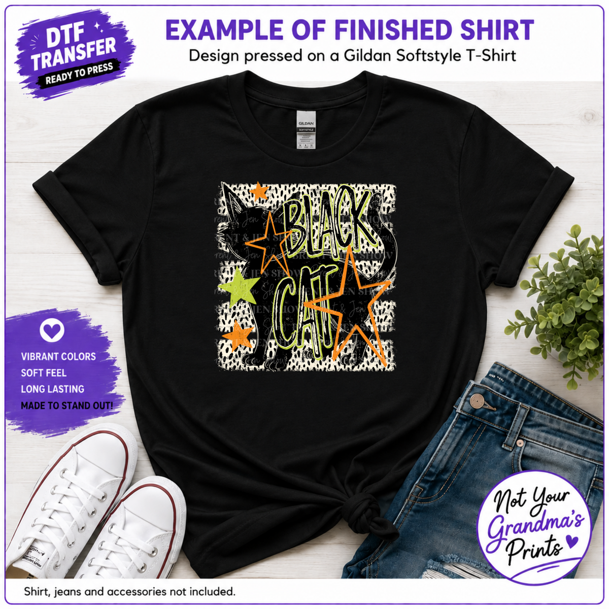 Retro Black Cat DTF Transfer: Distressed Silhouette, Neon Stars (Ready-to-Press)
