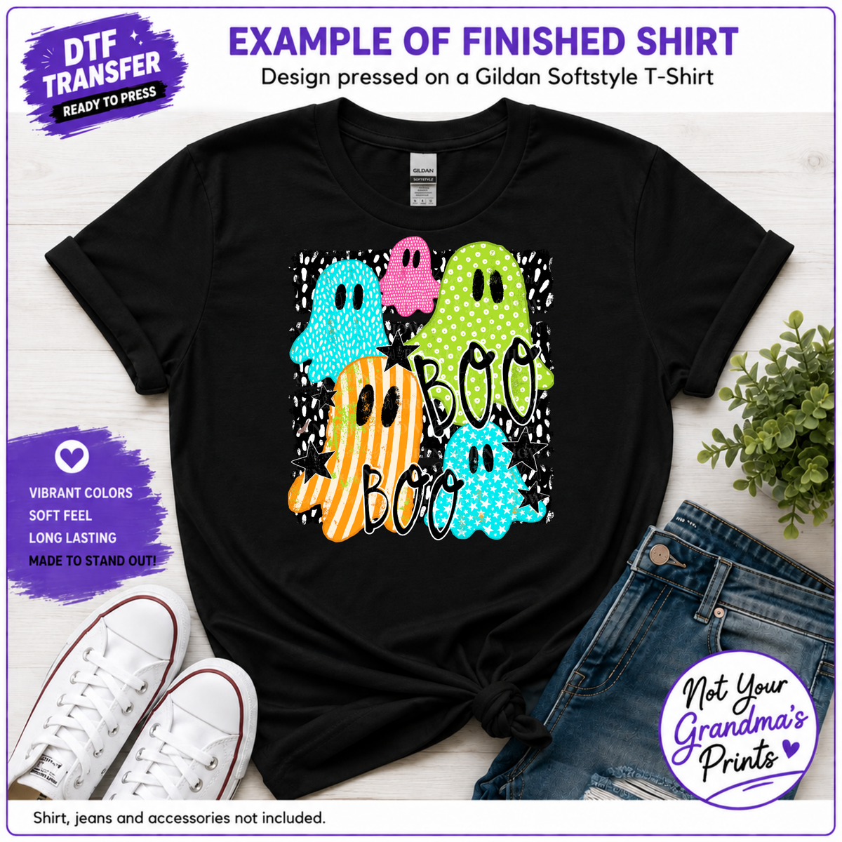 Colorful Boo Ghosts DTF Transfer: Spooky Halloween Print (Ready-to-Press)