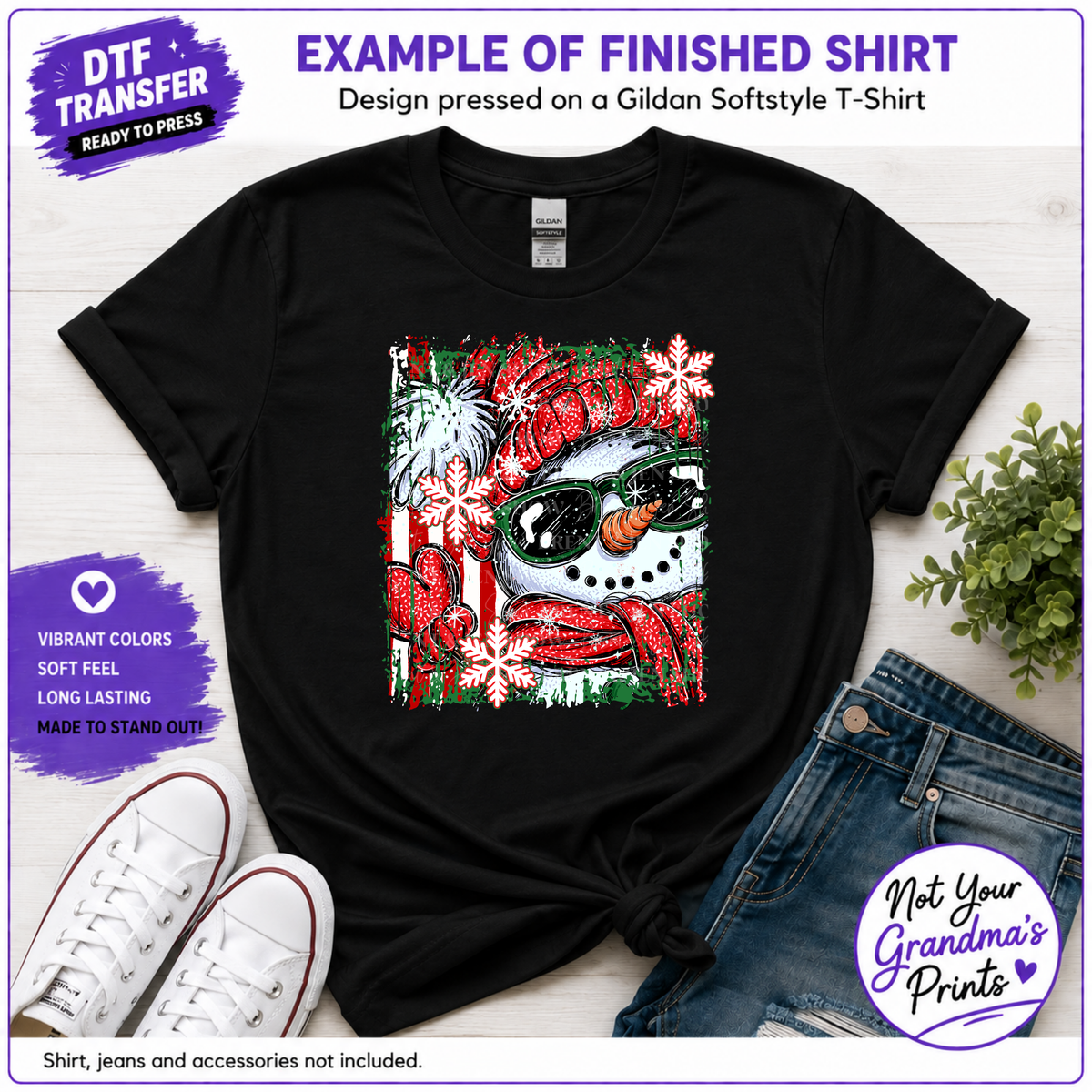 Adorable Snowman DTF Transfer: Sunglasses, Knit Hat, Festive Mittens (Ready-to-Press)
