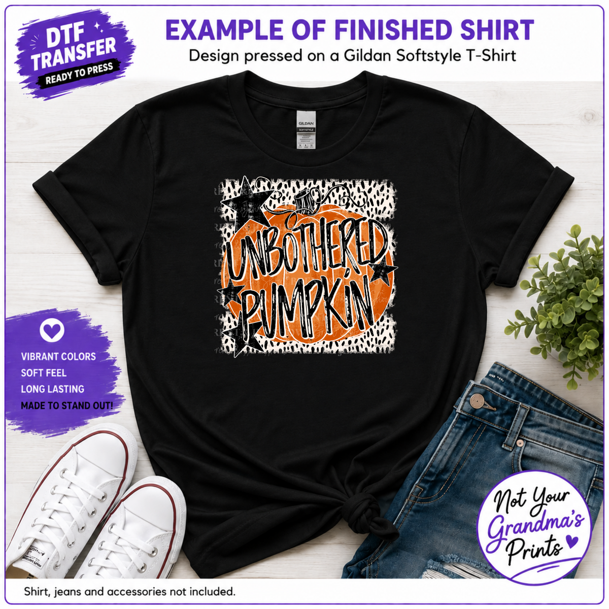 Unbothered Pumpkin DTF Transfer: Distressed Orange, Black Stars (Ready-to-Press)
