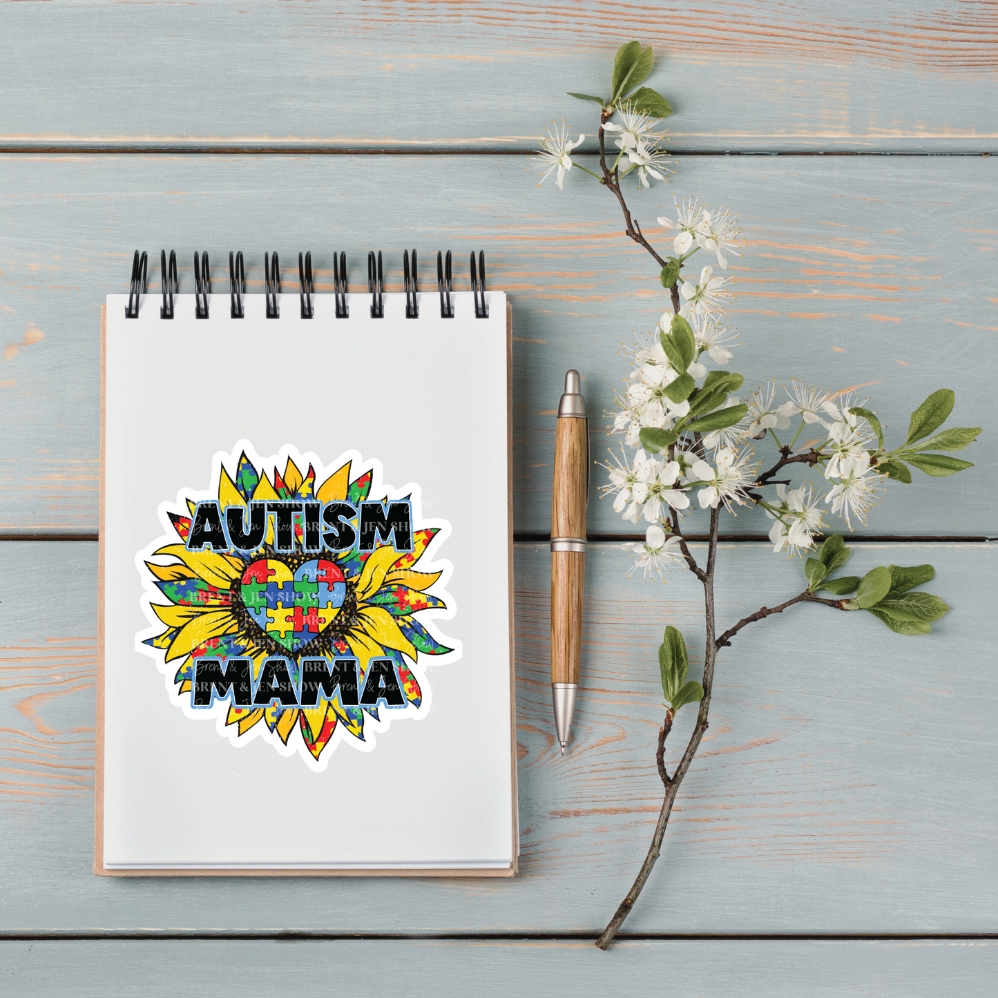 Autism Mama, Colorful Puzzle Piece Sunflower Sticker or Car Decal