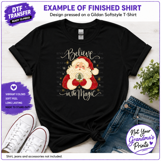 Vintage Santa Snow Globe DTF Transfer: Believe in the Magic (Ready-to-Press)