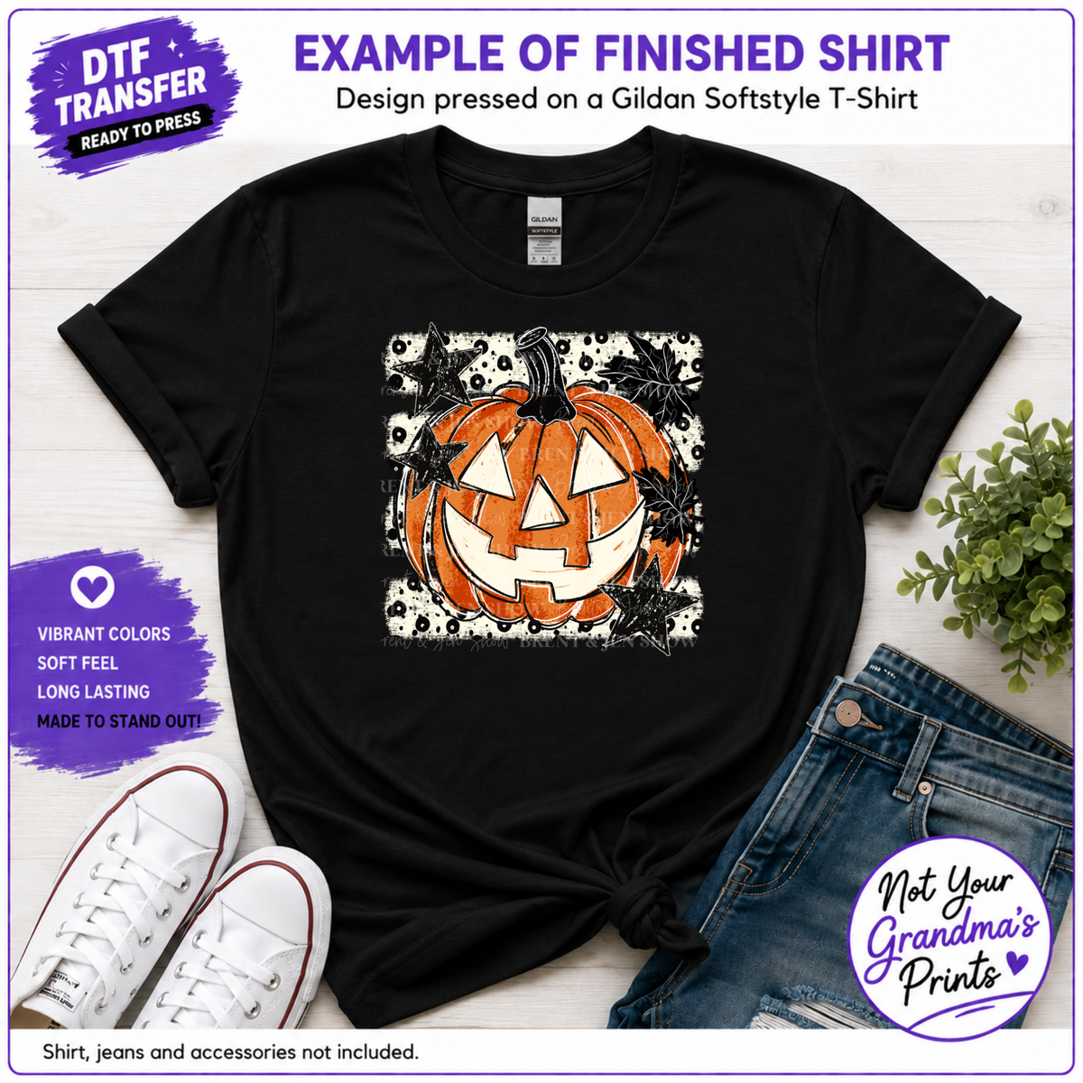 Retro Halloween Jack-O'-Lantern DTF Transfer: Distressed Pumpkin, Stars, Leaves (Ready-to-Press)