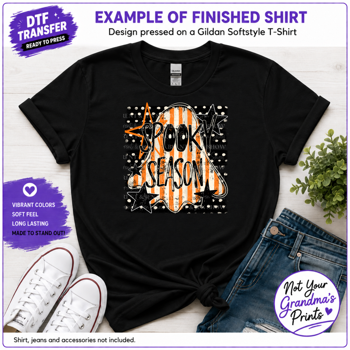 Spooky Season Ghost DTF Transfer: Retro Striped Halloween Design (Ready-to-Press)