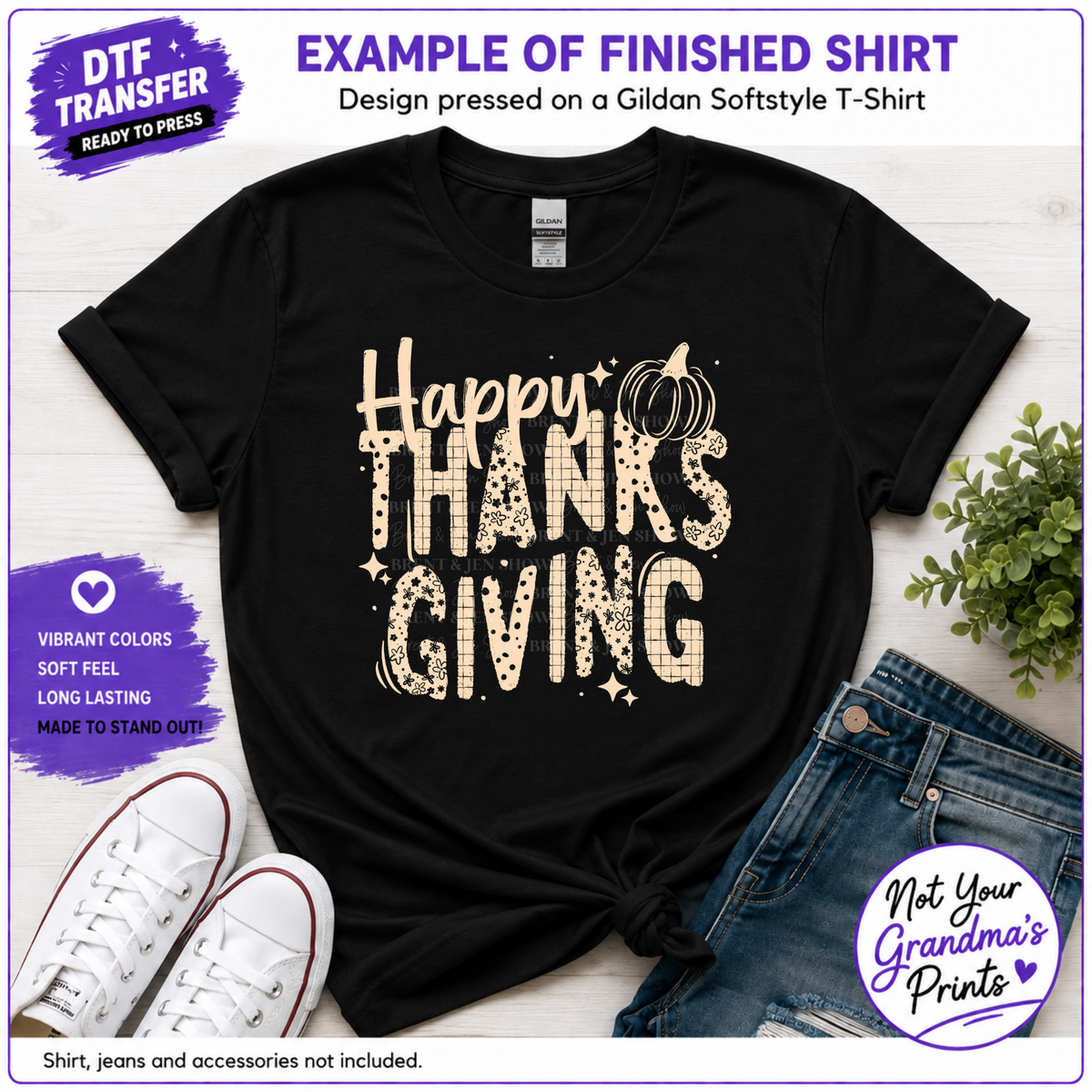 Happy Thanksgiving DTF Transfer: Floral, Polka-Dot, Grid Patterns (Ready-to-Press)