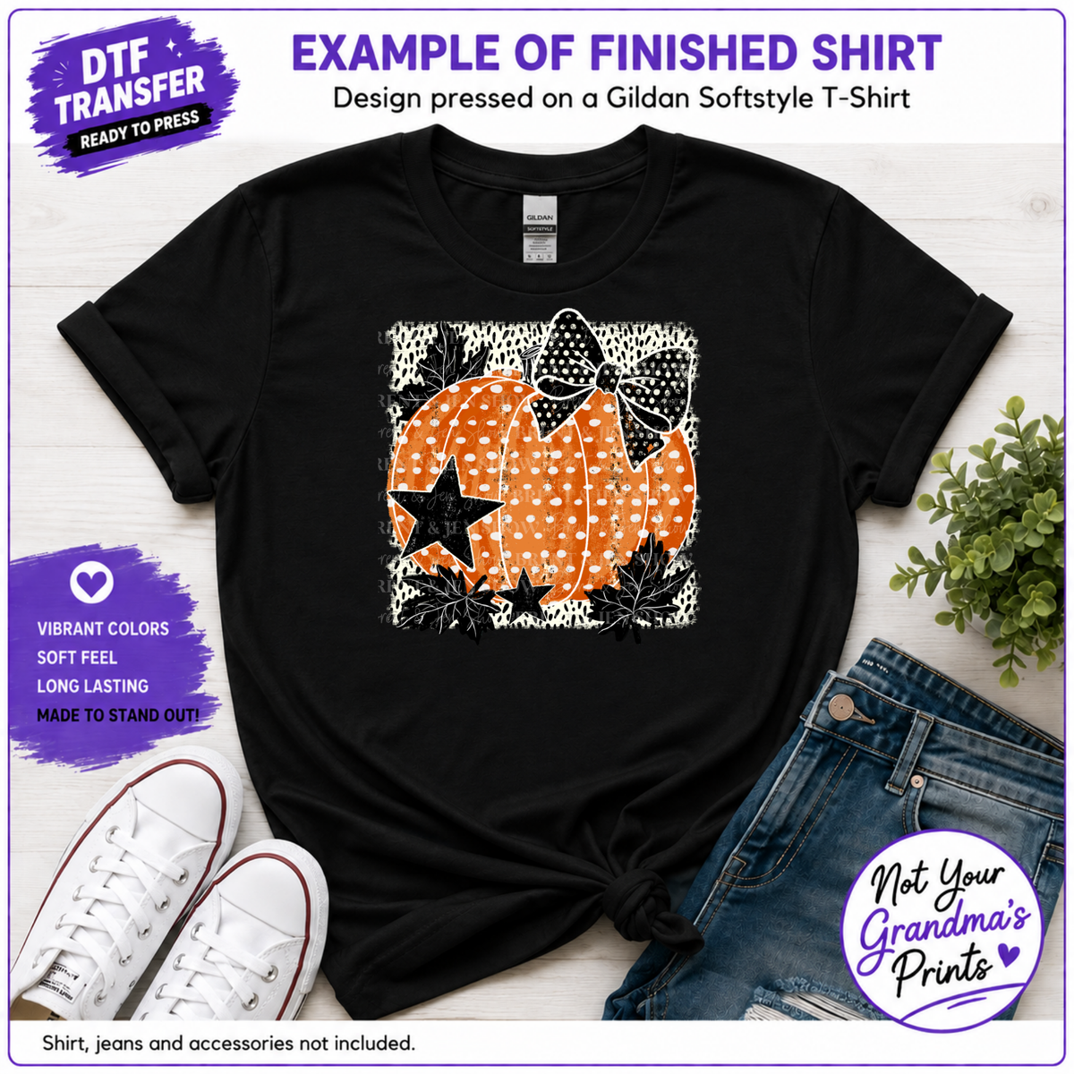 Funky Pumpkin Bow DTF Transfer: Distressed Polka-Dot, Retro Fall Leaves (Ready-to-Press)