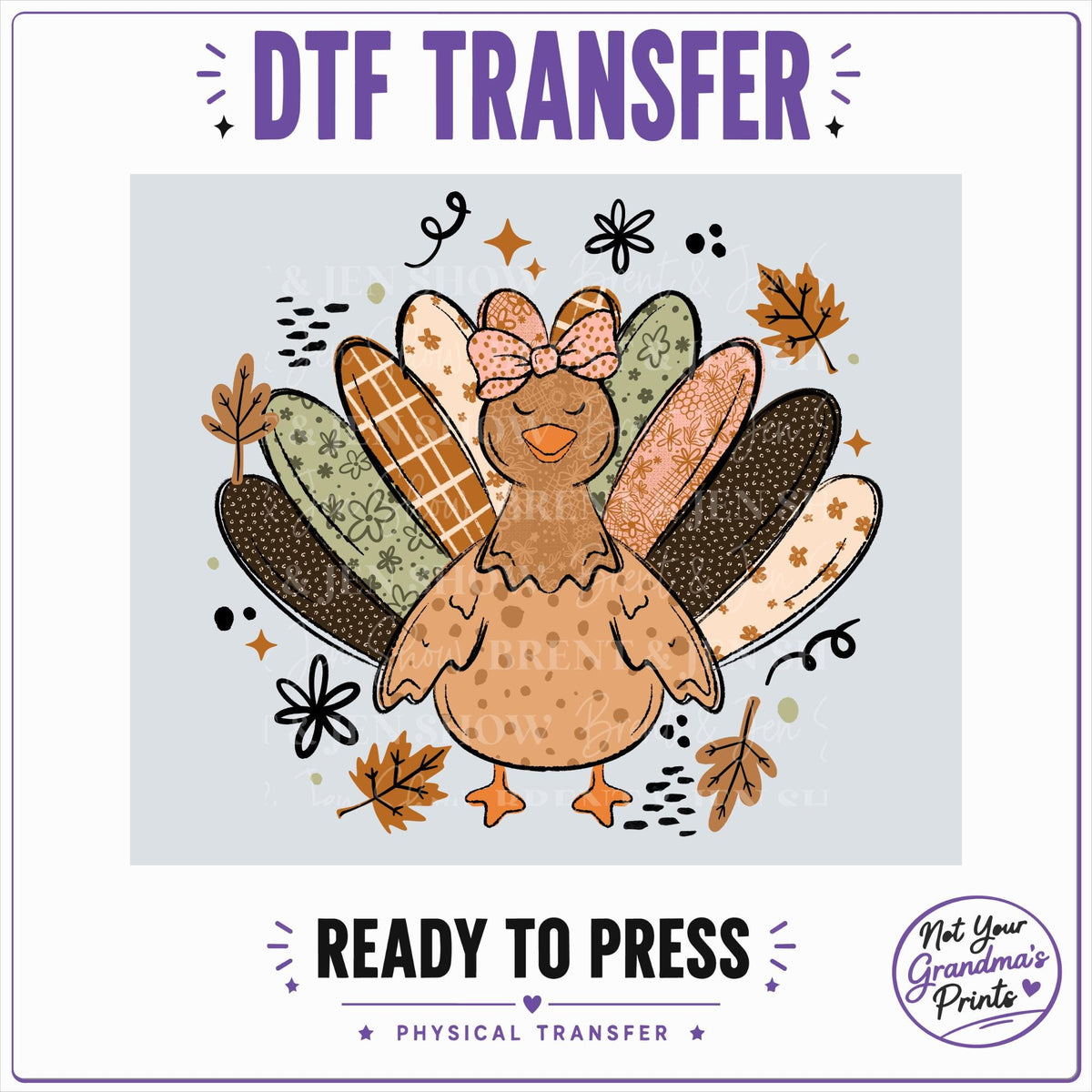 Turkey DTF Transfer: Patchwork Feathers, Autumn Leaves (Ready-to-Press)