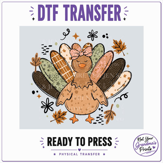 Turkey DTF Transfer: Patchwork Feathers, Autumn Leaves (Ready-to-Press)