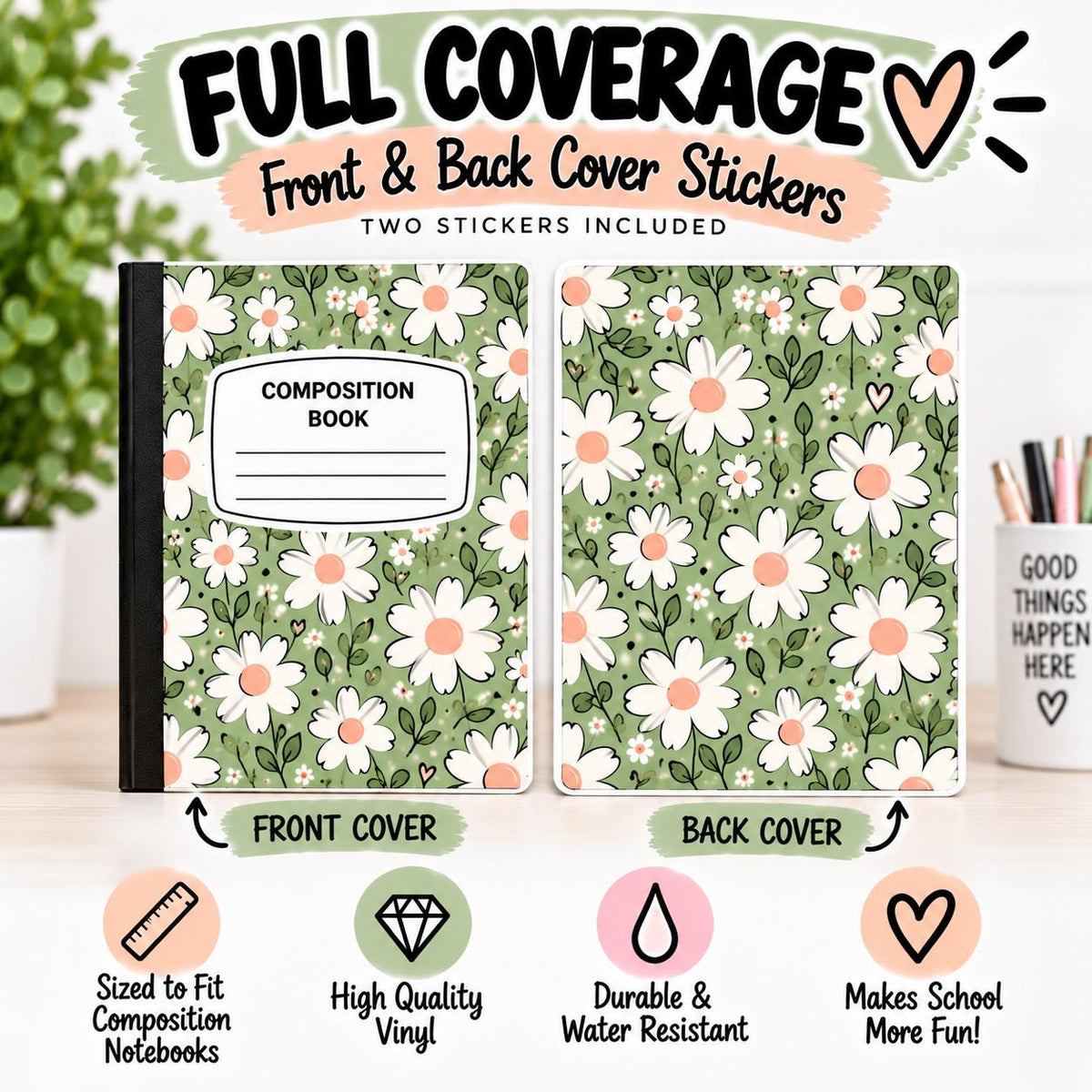 Pink Ribbon, Breast Cancer Awareness Composition Notebook Cover Stickers, Vinyl Front Back Set