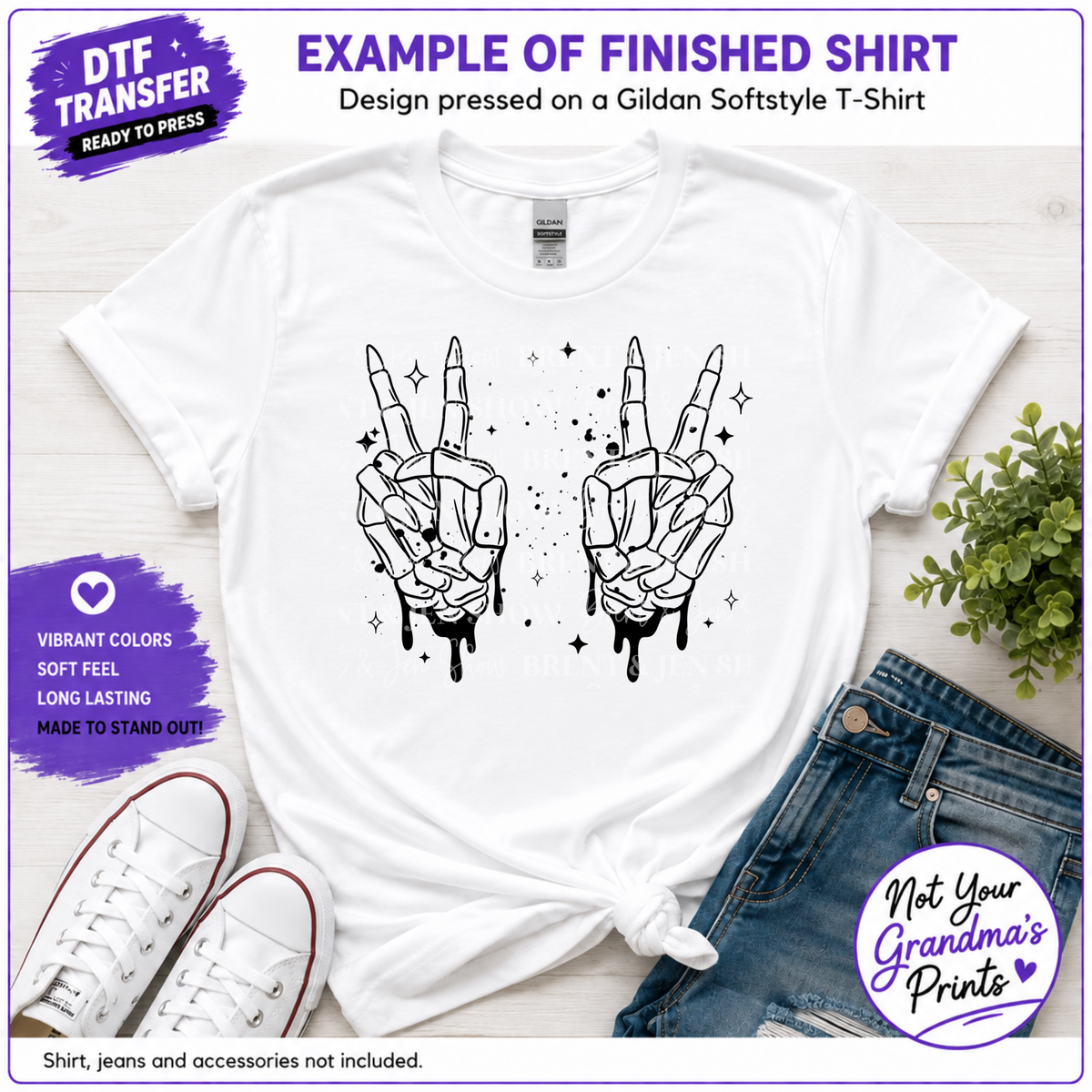 Skeleton Hands Peace Sign DTF Transfer: Gothic Halloween Apparel Print (Ready-to-Press)