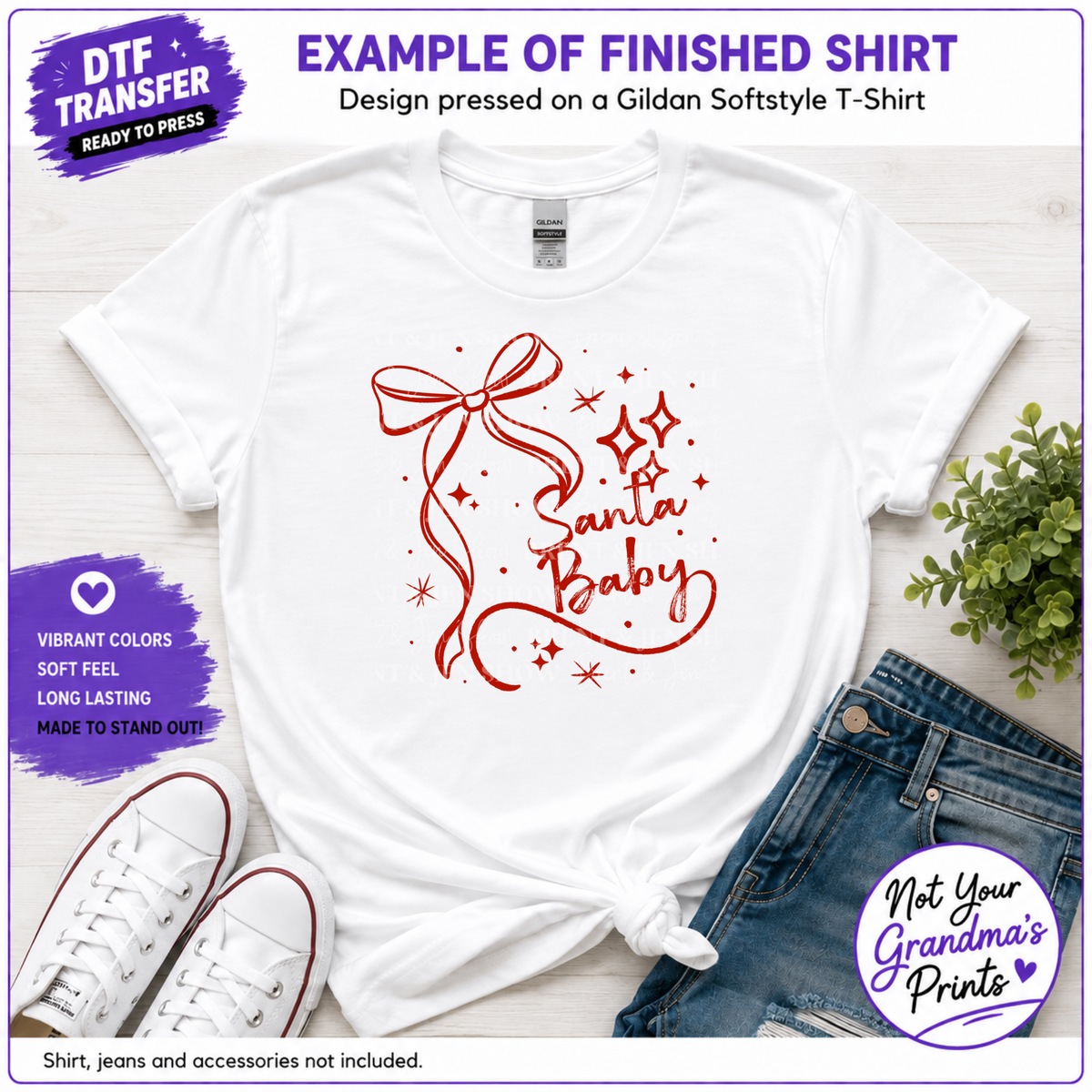 Santa Baby DTF Transfer: Coquette Bow, Retro Stars (Ready-to-Press)