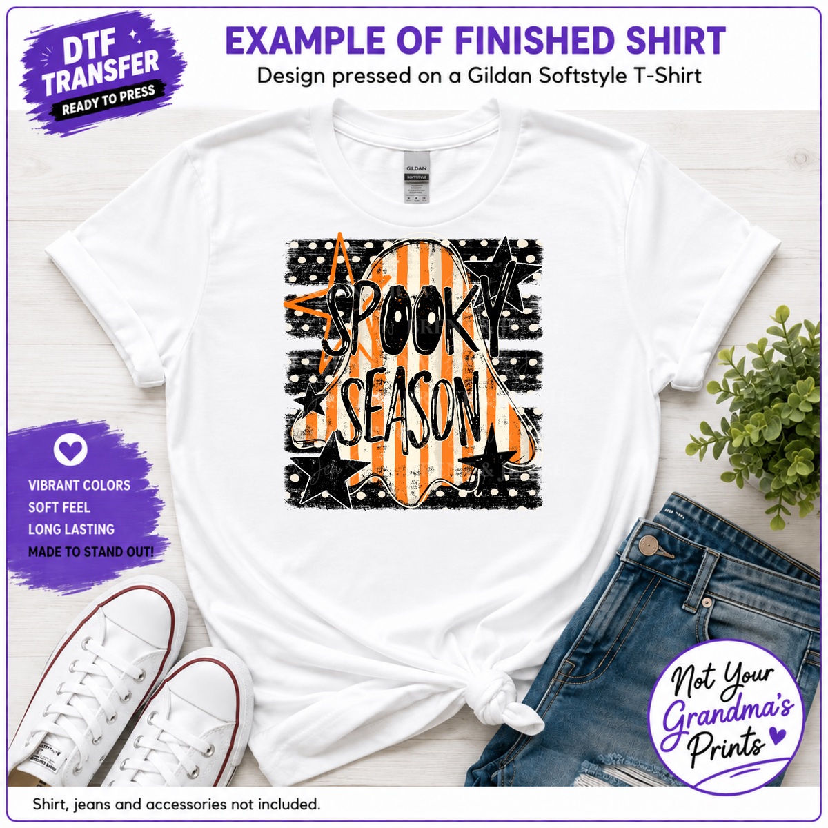 Spooky Season Ghost DTF Transfer: Retro Striped Halloween Design (Ready-to-Press)