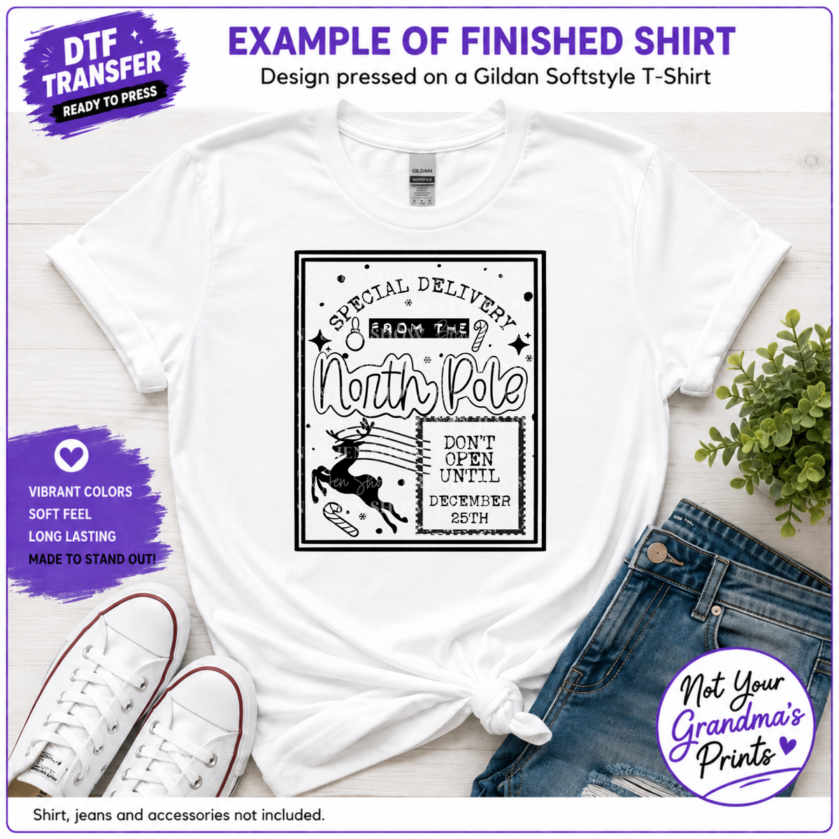 North Pole Special Delivery DTF Transfer: Reindeer, Candy Cane, Snowflakes (Ready-to-Press)