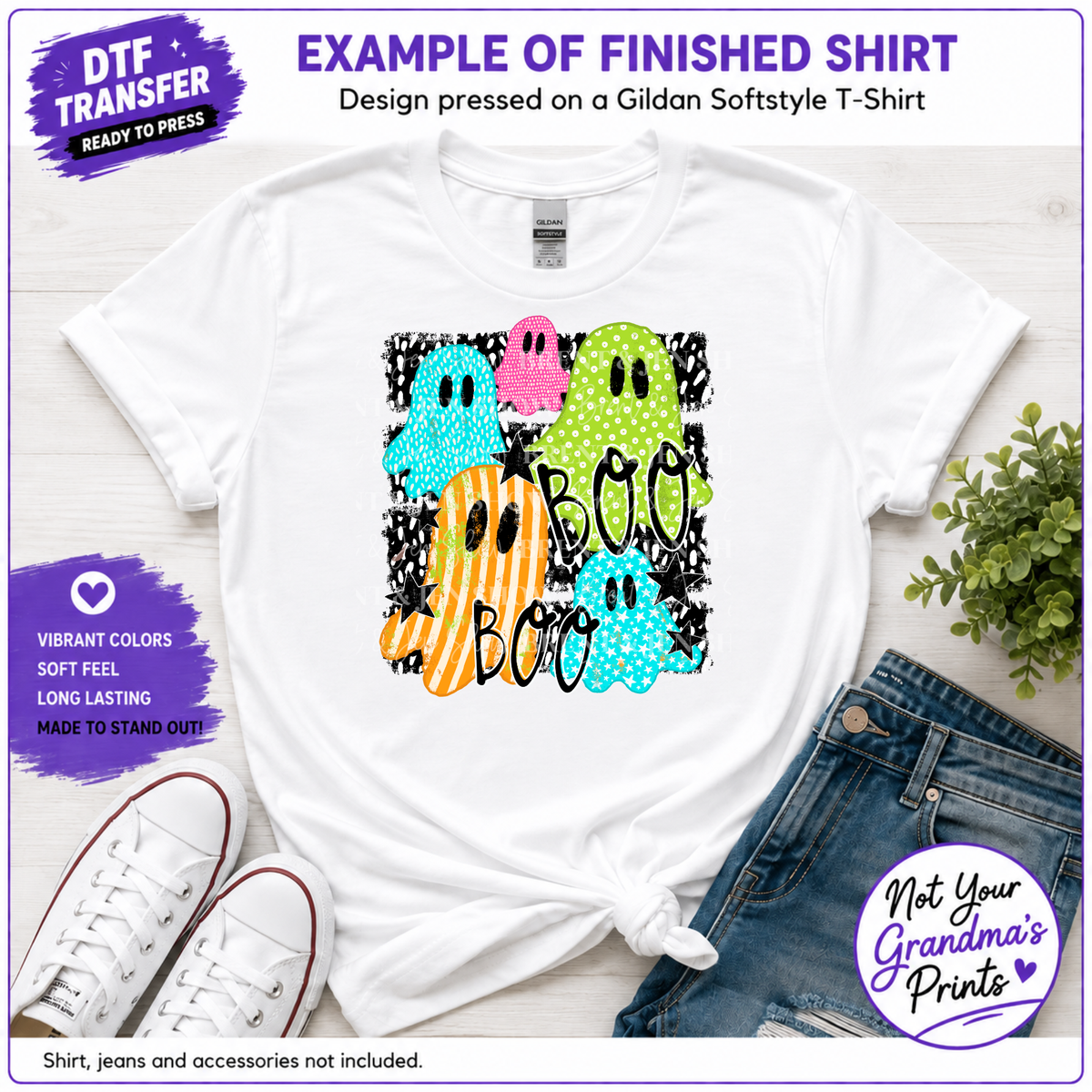 Colorful Boo Ghosts DTF Transfer: Spooky Halloween Print (Ready-to-Press)