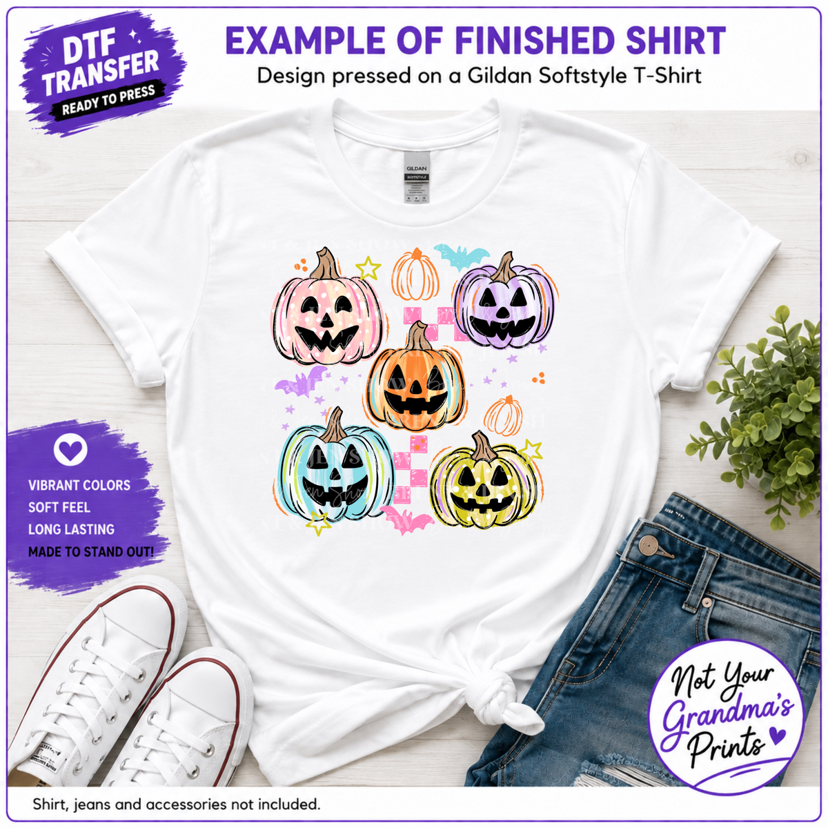 Colorful Jack-O'-Lanterns DTF Transfer: Retro Halloween Print (Ready-to-Press)