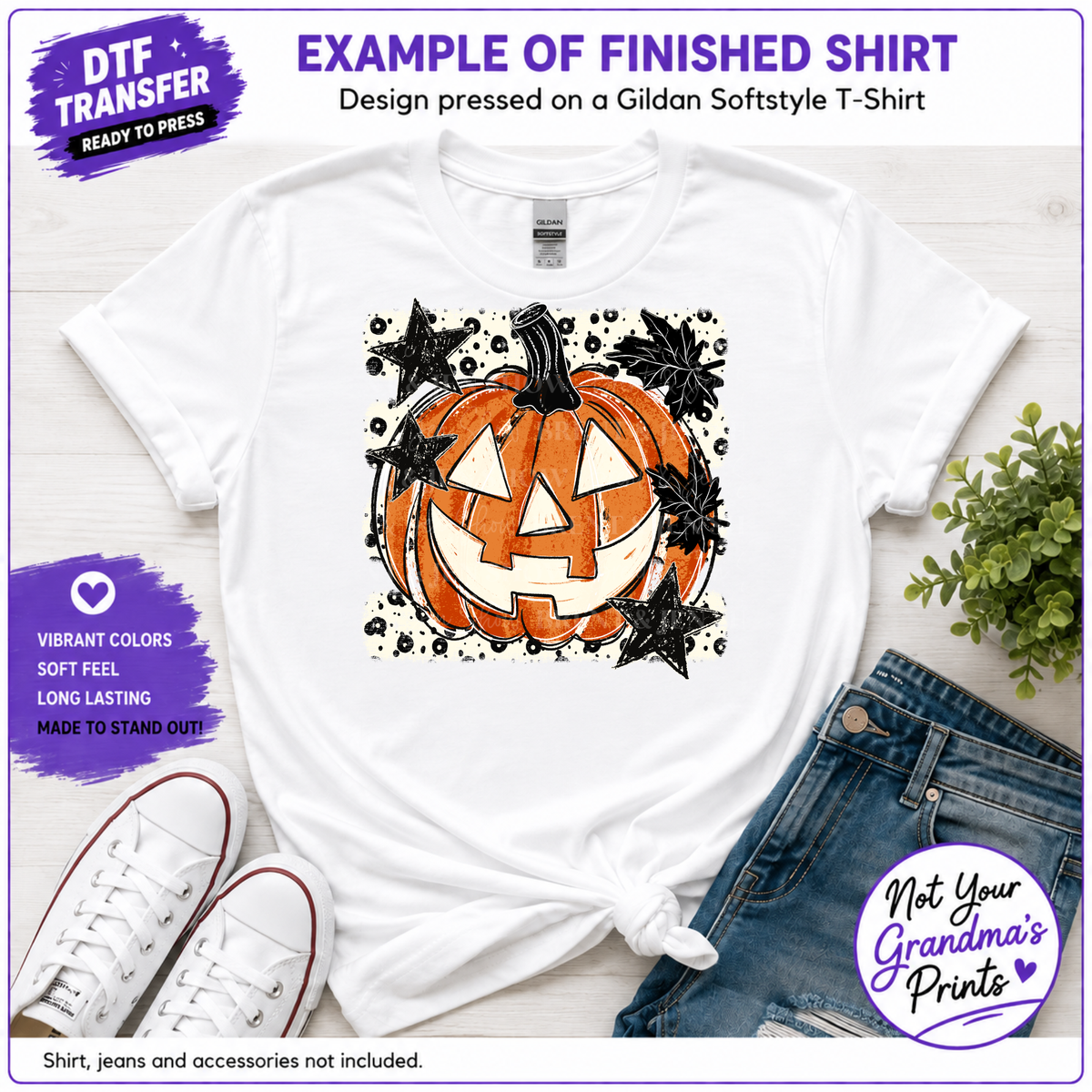 Retro Halloween Jack-O'-Lantern DTF Transfer: Distressed Pumpkin, Stars, Leaves (Ready-to-Press)