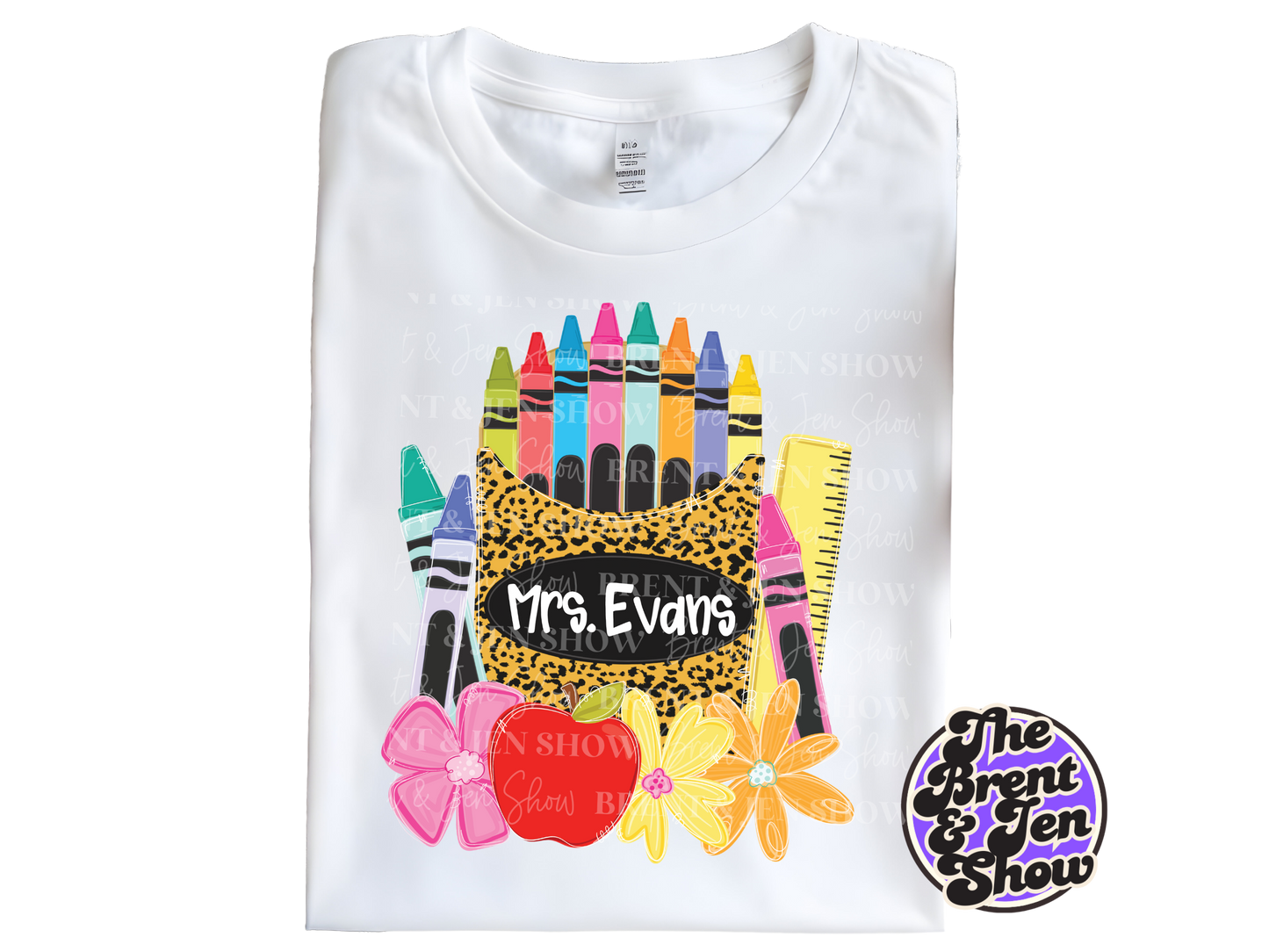 Custom Name Teacher Shirt, Personalized Apple Crayon Leopard Print Tee