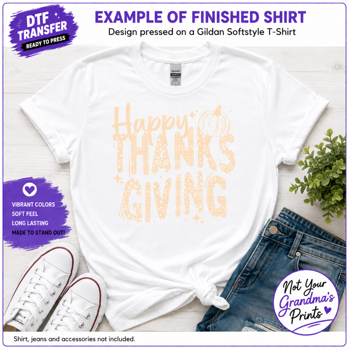 Happy Thanksgiving DTF Transfer: Floral, Polka-Dot, Grid Patterns (Ready-to-Press)