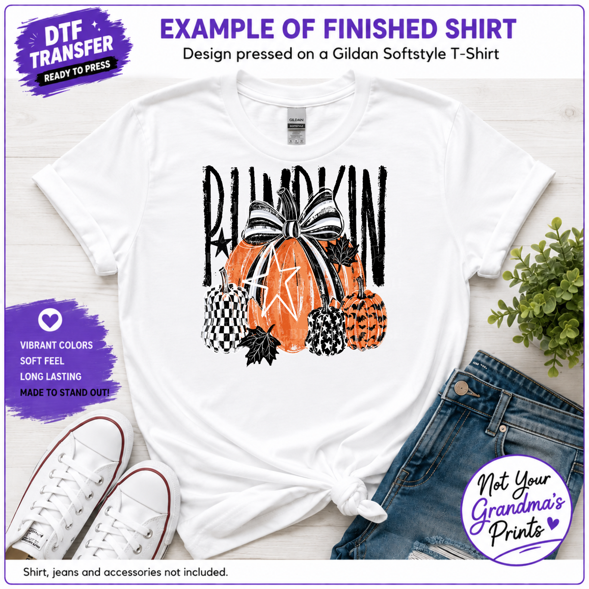 Pumpkin Halloween DTF Transfer: Distressed Bow, Checkerboard Pumpkins (Ready-to-Press)