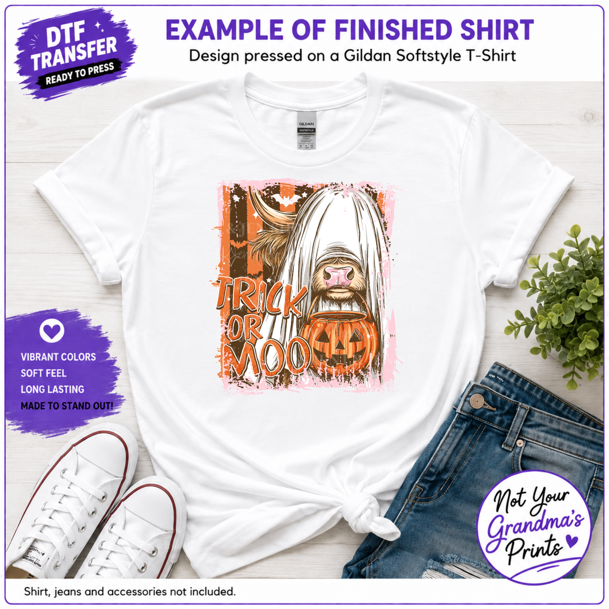 Trick or Moo Highland Cow DTF Transfer: Spooky Ghost Cow Halloween Print (Ready-to-Press)